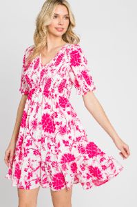 Fuchsia Floral Smocked Puff Sleeve Dress sold by Pinkblush