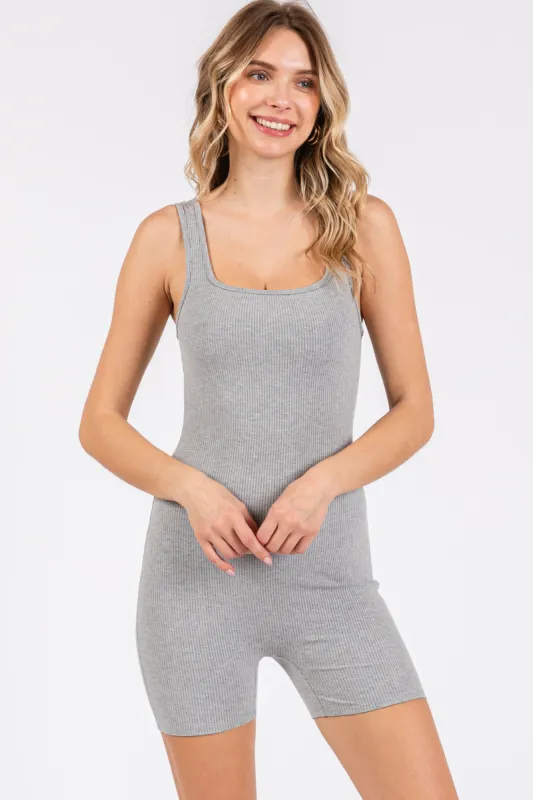Heather Grey Ribbed Square Neck Sleeveless Romper sold by Pinkblush