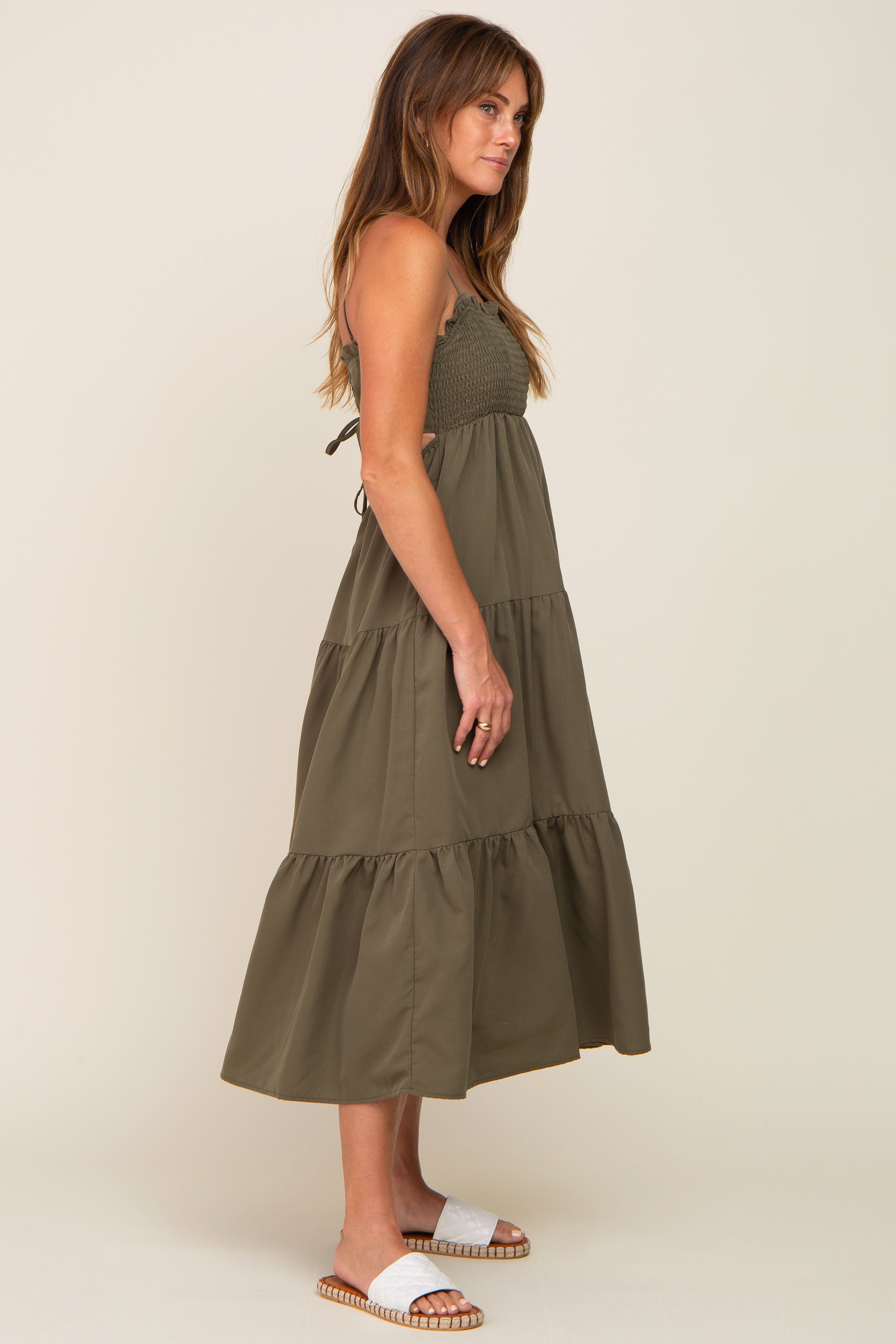 Olive Smocked Open Back Tiered Midi Dress sold by Pinkblush product image thumbnail 3