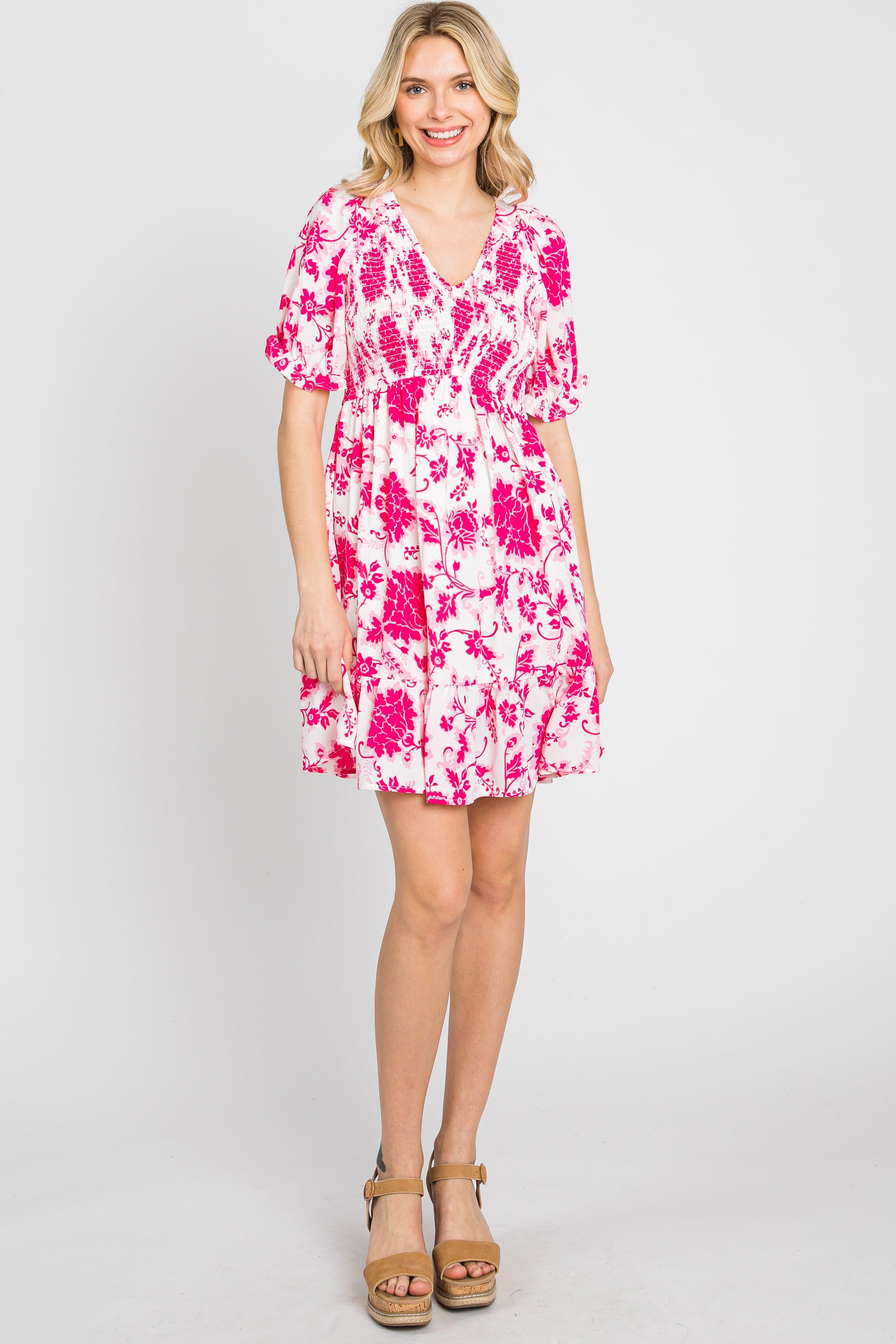 Fuchsia Floral Smocked Puff Sleeve Dress sold by Pinkblush product image thumbnail 2