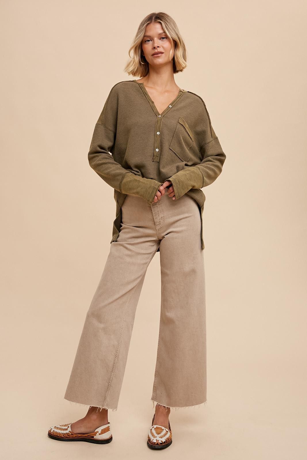 Olive Colorblock Waffle Knit Henley Top sold by Pinkblush product image thumbnail 4