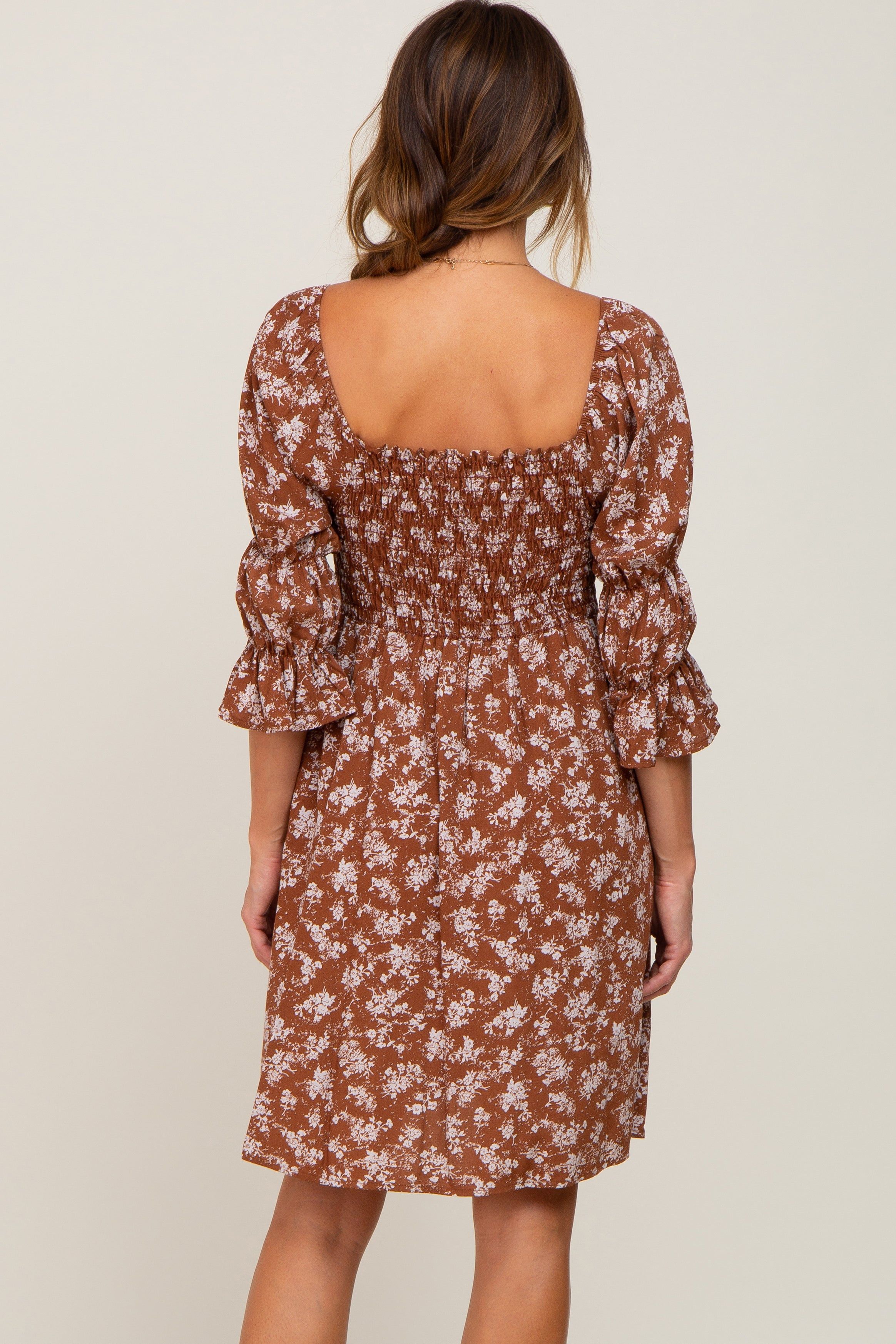 Brown Floral Ruffle Sleeve Smocked Dress sold by Pinkblush product image thumbnail 3