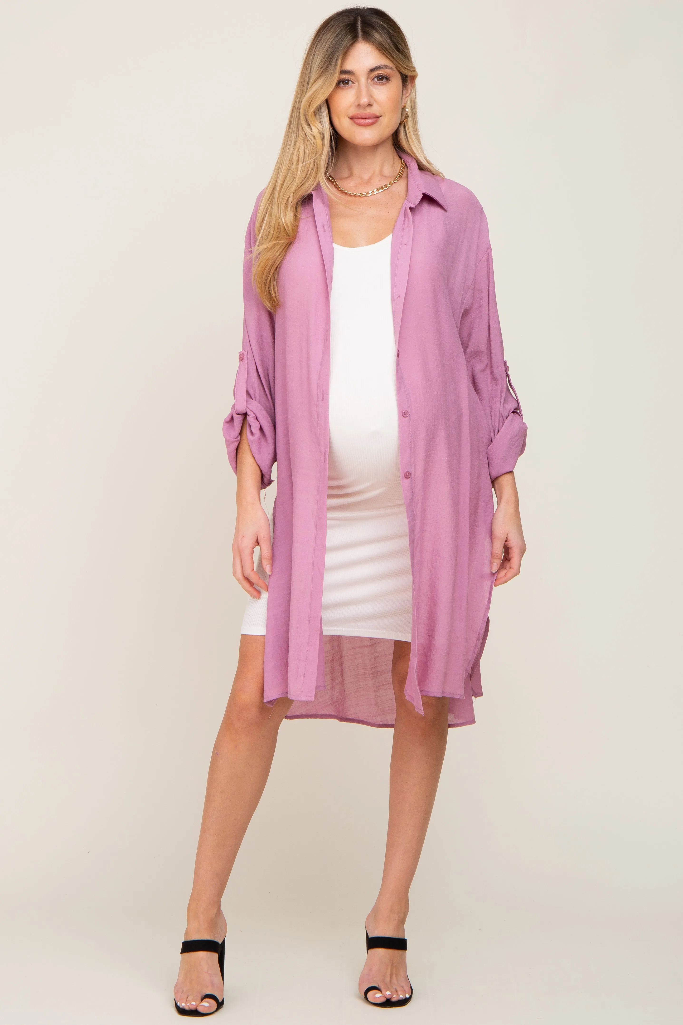 Mauve Button Front Side Slit Oversized Maternity Blouse sold by Pinkblush product image thumbnail 4