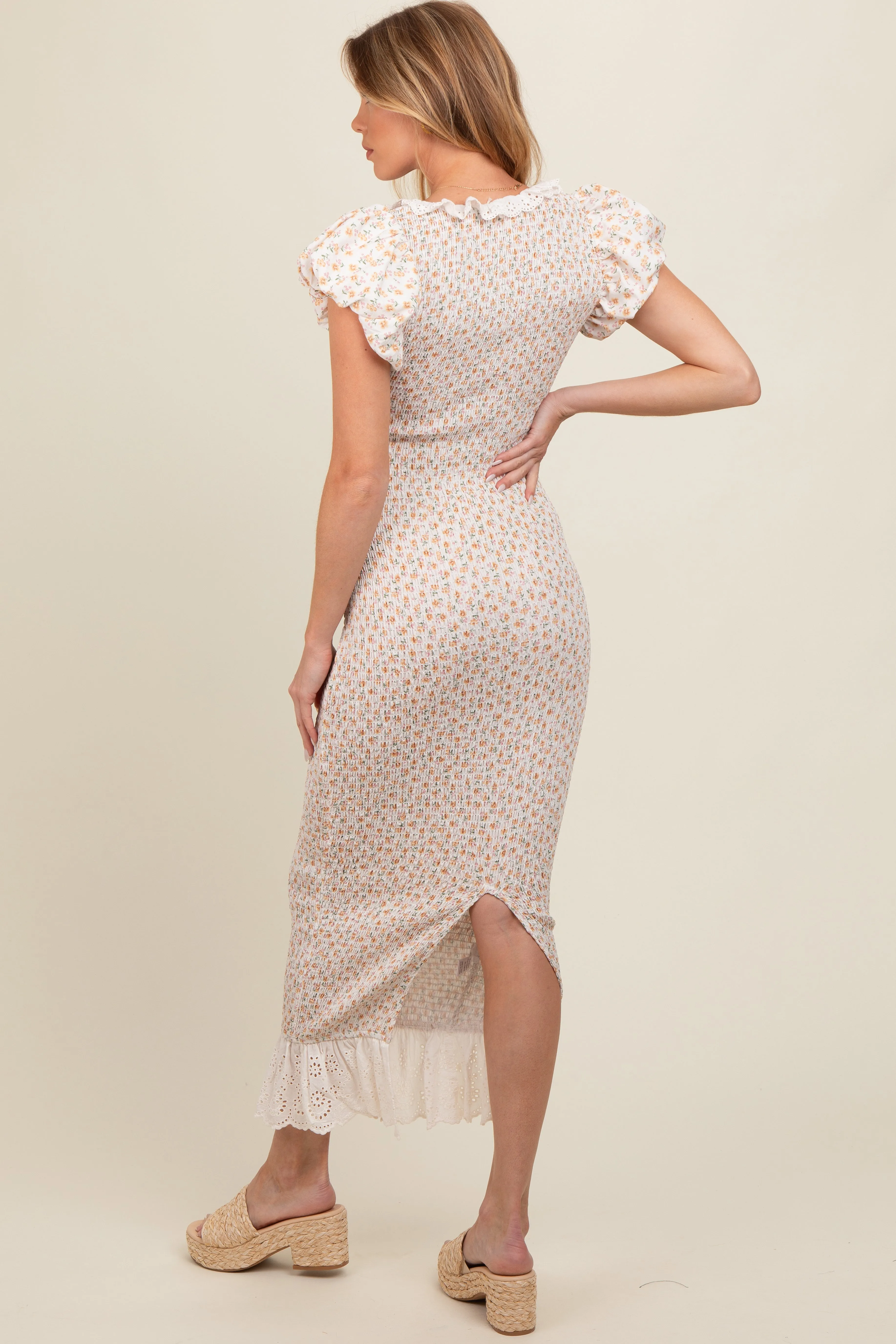 Yellow Floral Smocked Fitted Eyelet Lace Trim Maternity Dress sold by Pinkblush product image thumbnail 3