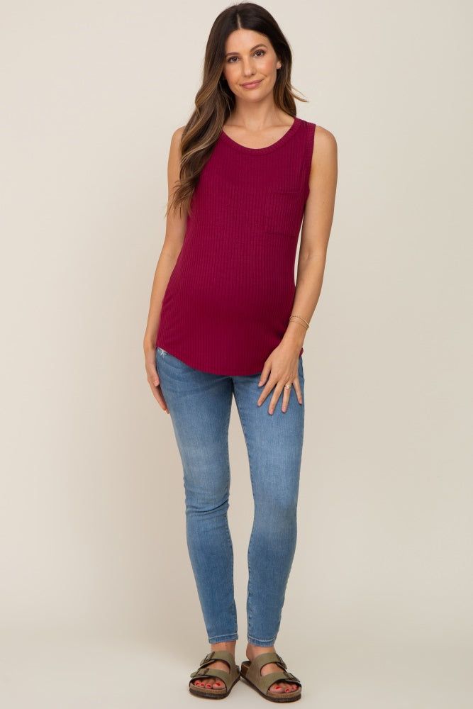 Burgundy Sleeveless Ribbed Pocked Maternity Top sold by Pinkblush product image thumbnail 4