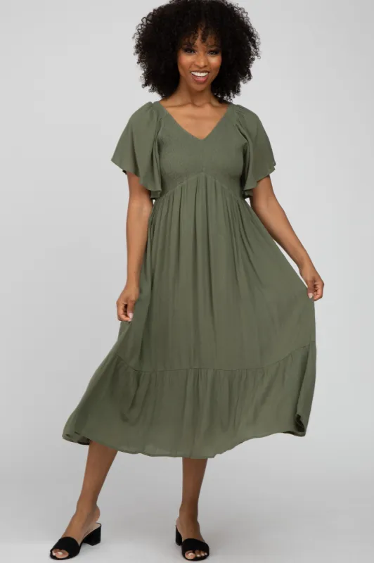 Olive Smocked Ruffle Dress sold by Pinkblush