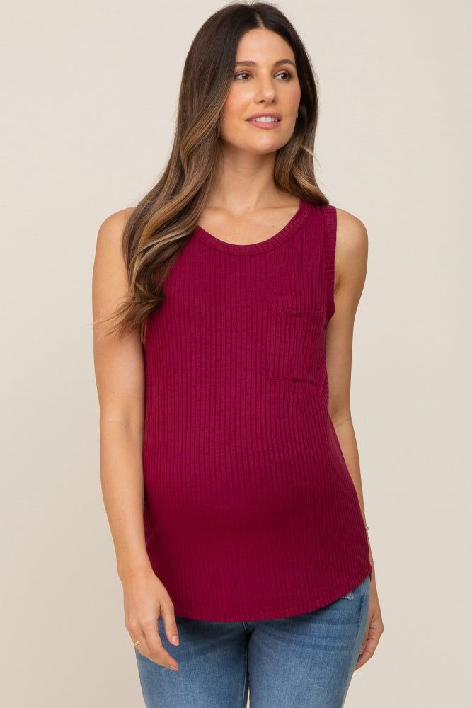 Burgundy Sleeveless Ribbed Pocked Maternity Top sold by Pinkblush