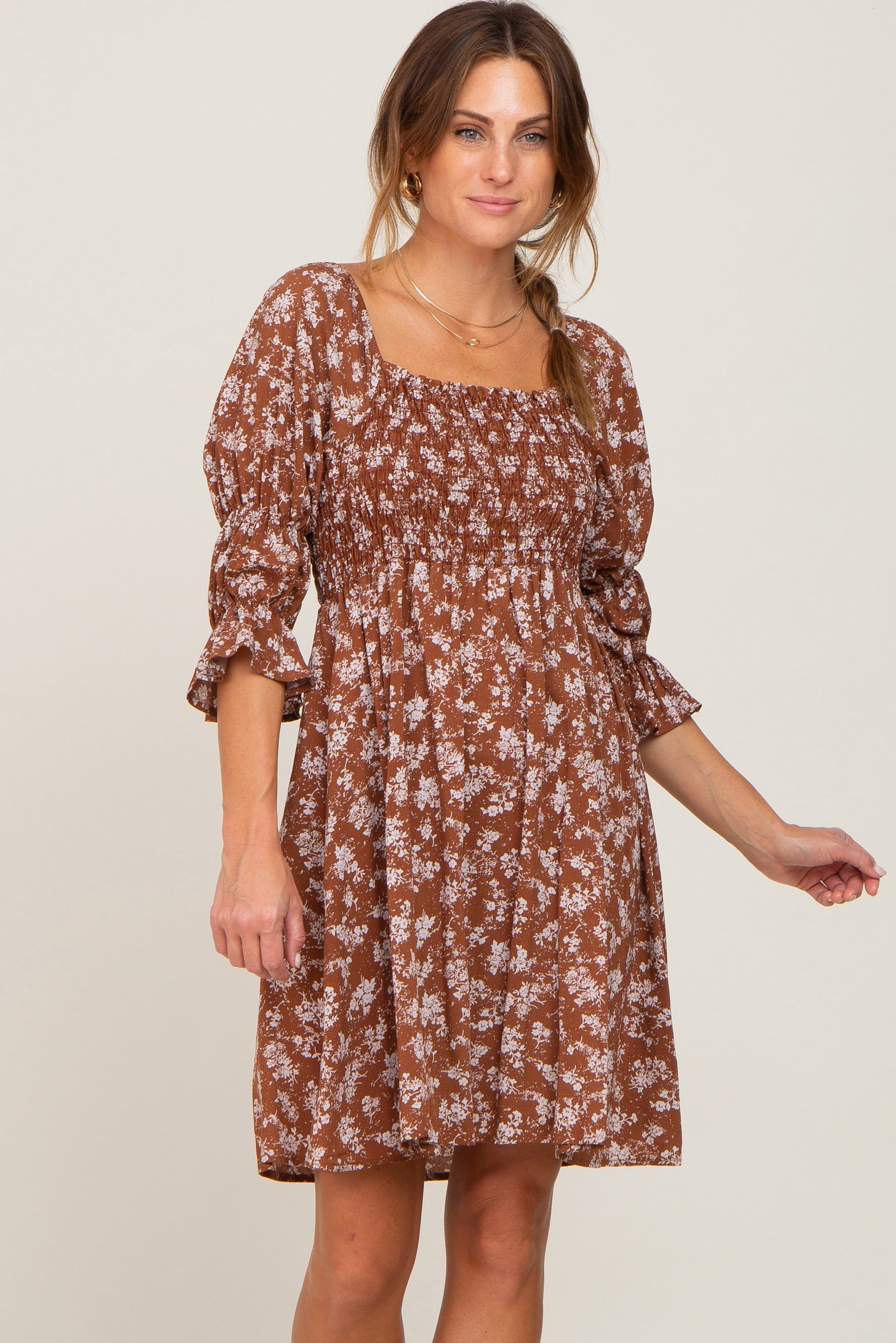 Brown Floral Ruffle Sleeve Smocked Dress sold by Pinkblush