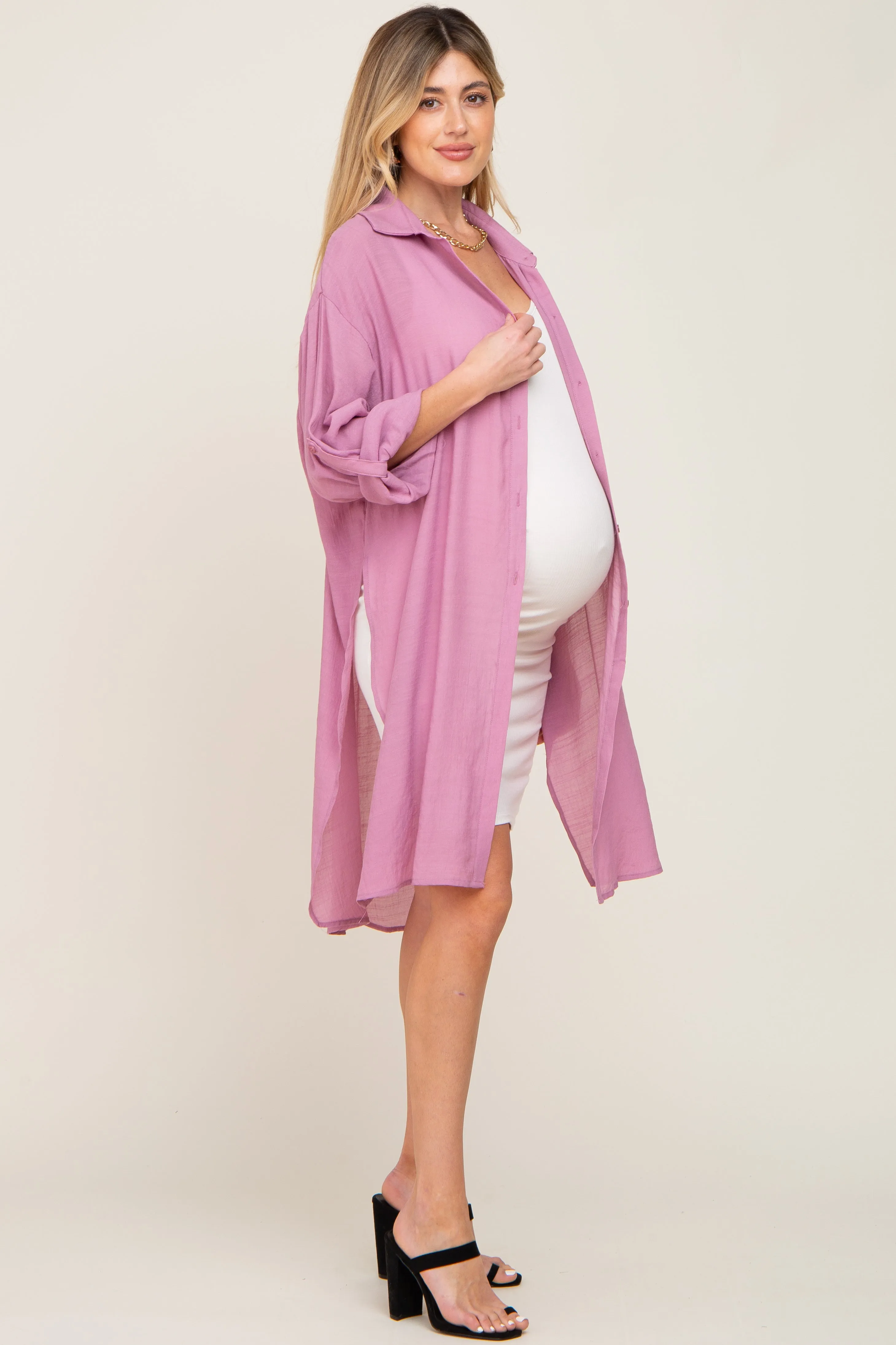 Mauve Button Front Side Slit Oversized Maternity Blouse sold by Pinkblush product image thumbnail 2