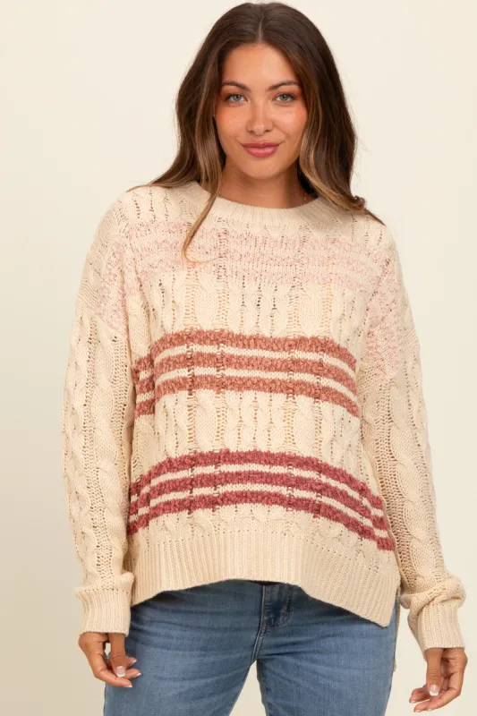 Beige Mixed Cable Knit Striped Maternity Sweater sold by Pinkblush