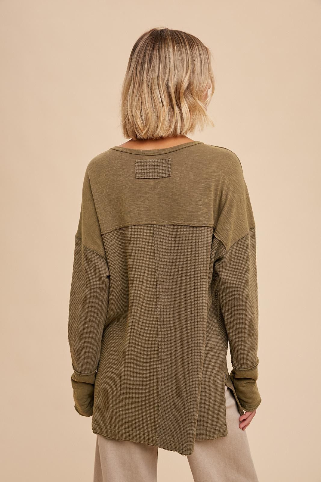 Olive Colorblock Waffle Knit Henley Top sold by Pinkblush product image thumbnail 3