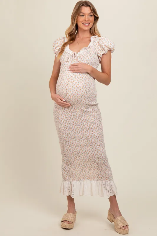 Yellow Floral Smocked Fitted Eyelet Lace Trim Maternity Dress sold by Pinkblush