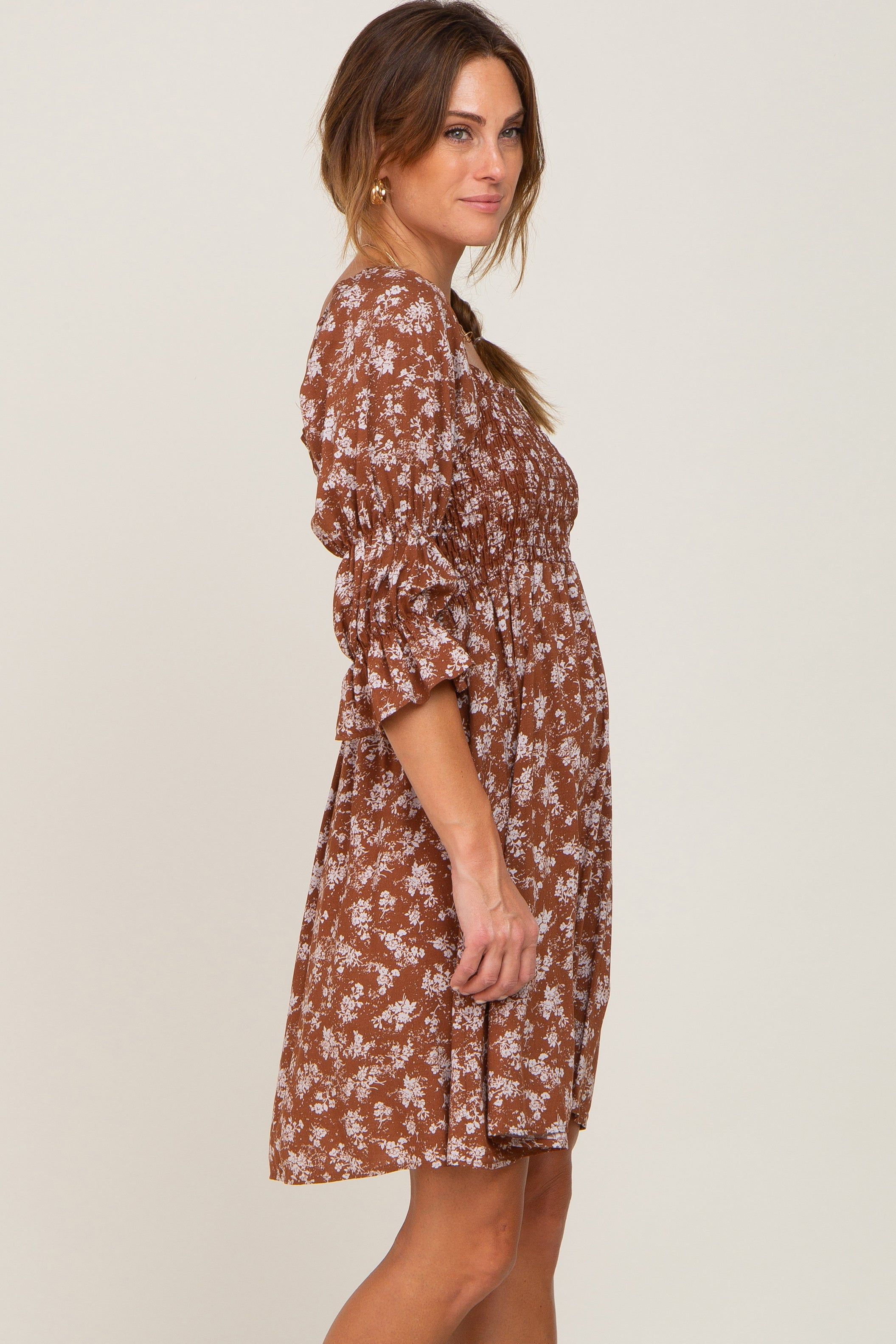 Brown Floral Ruffle Sleeve Smocked Dress sold by Pinkblush product image thumbnail 2