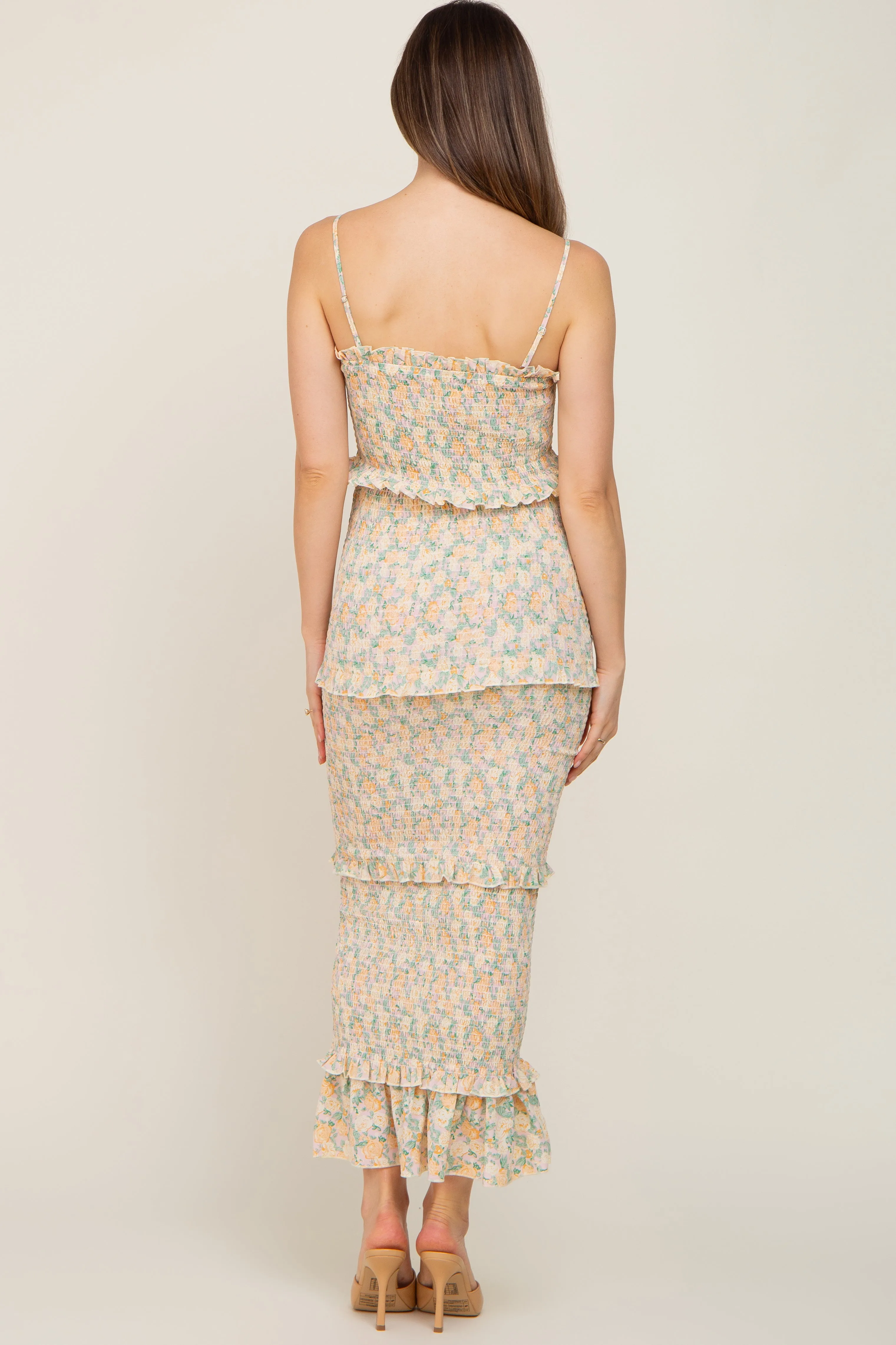 Pink Floral Chiffon Smocked Tiered Square Neck Maternity Midi Dress sold by Pinkblush product image thumbnail 3