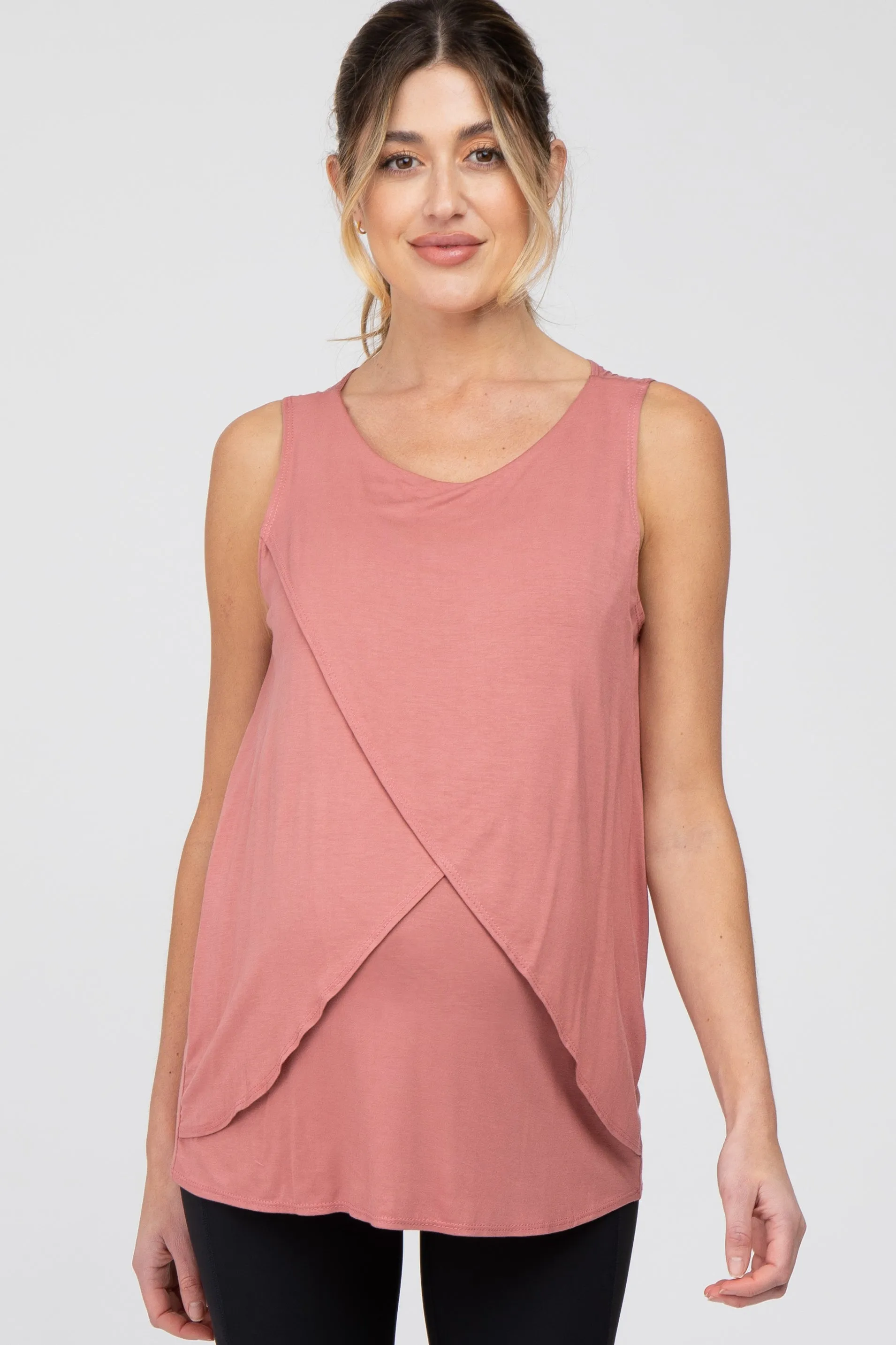 Salmon Solid Sleeveless Maternity Nursing Top sold by Pinkblush