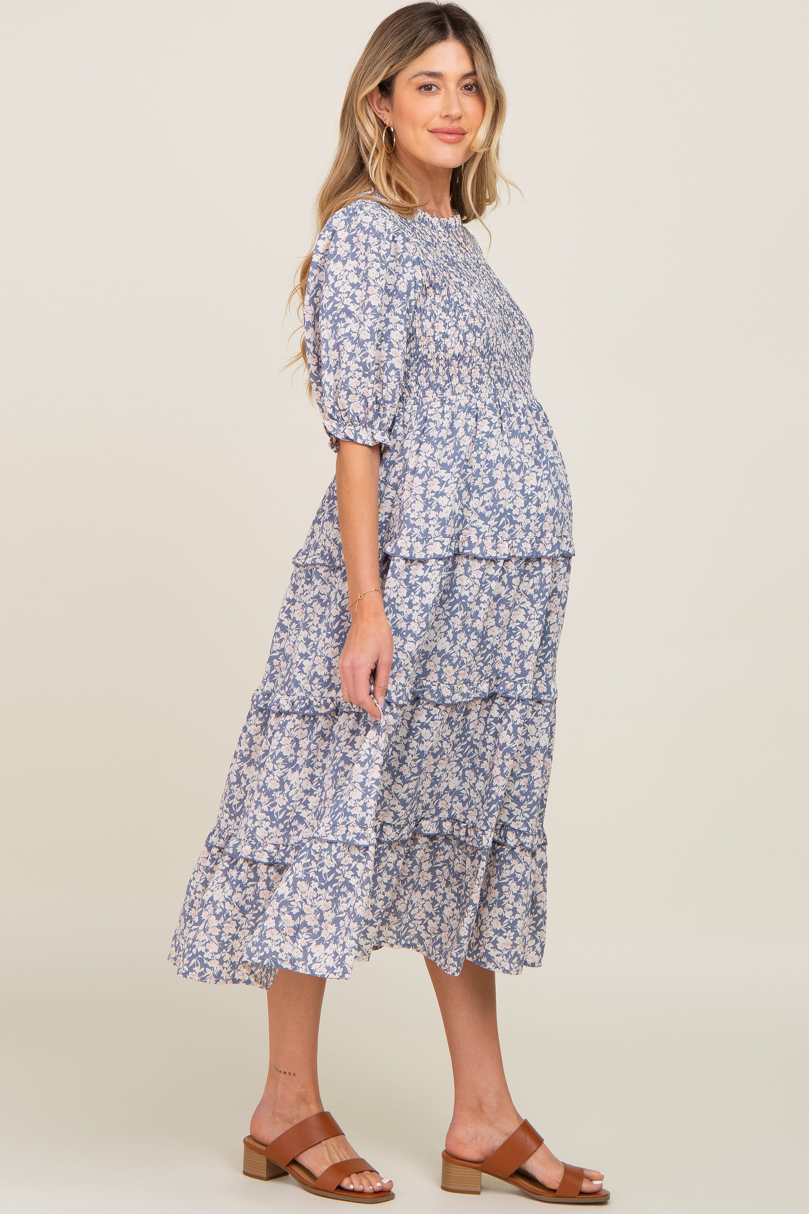 Blue Floral Smocked Tiered Maternity Midi Dress sold by Pinkblush product image thumbnail 3