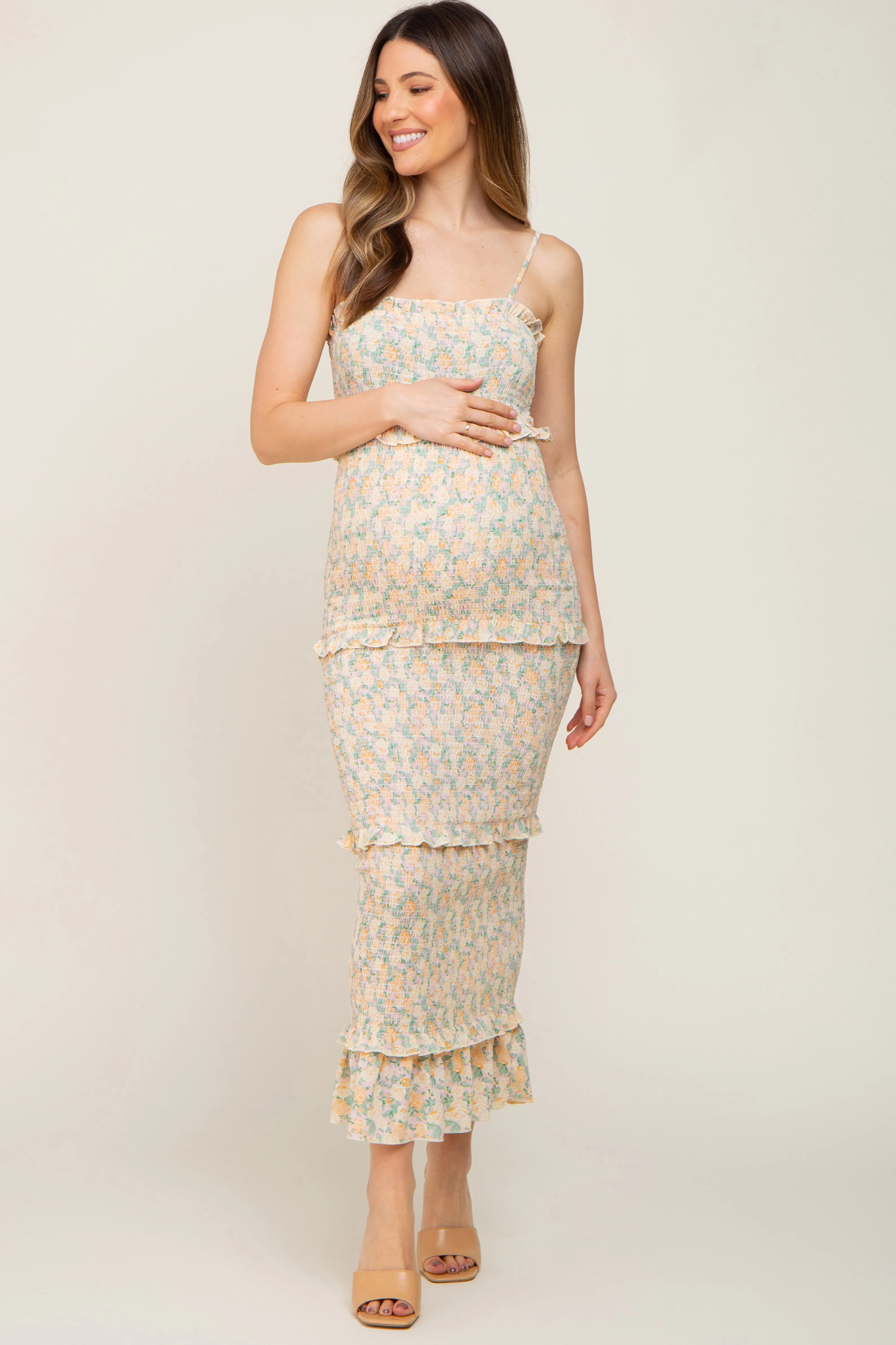 Pink Floral Chiffon Smocked Tiered Square Neck Maternity Midi Dress sold by Pinkblush