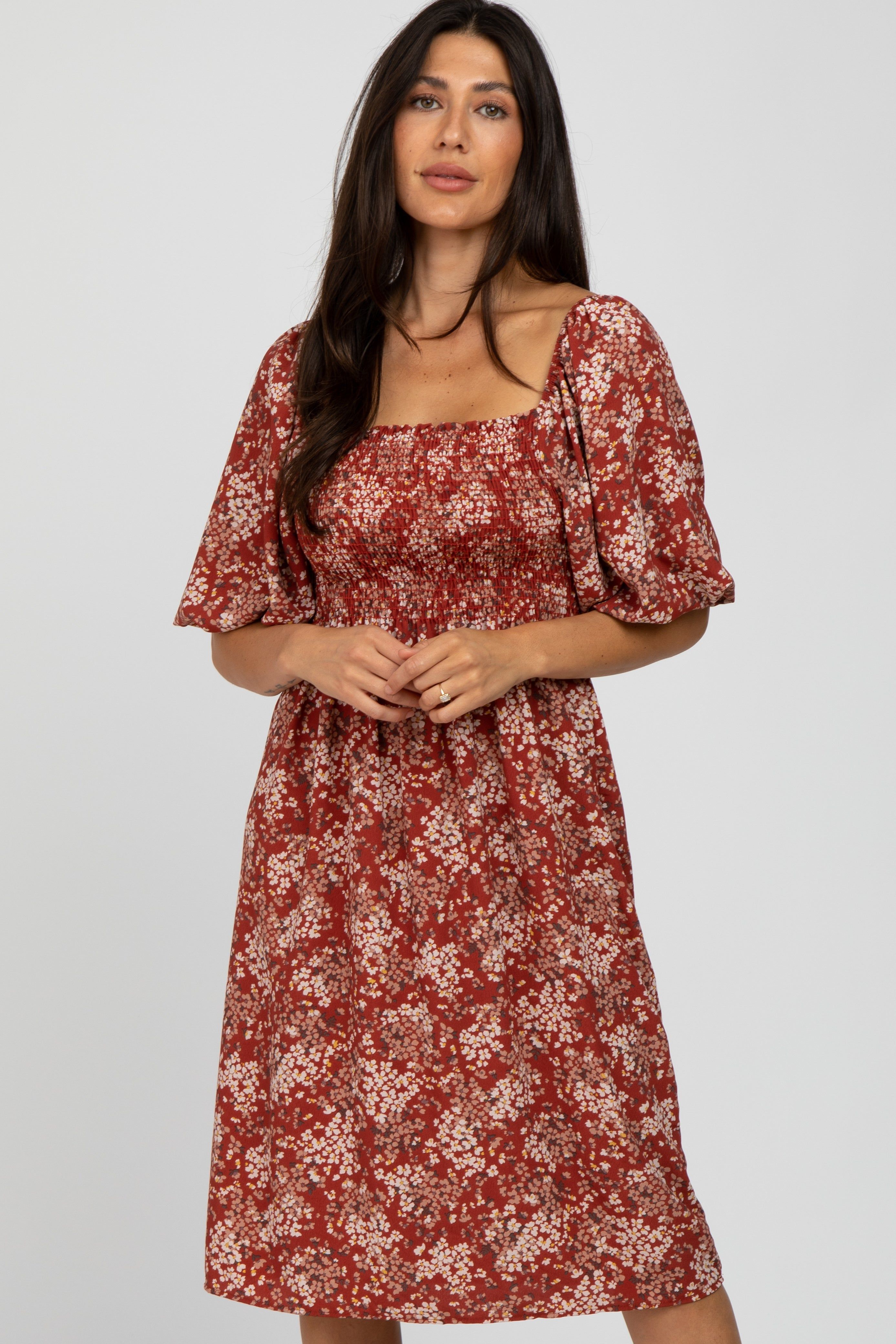 Rust Floral Square Neck Smocked Maternity Midi Dress sold by Pinkblush product image thumbnail 5