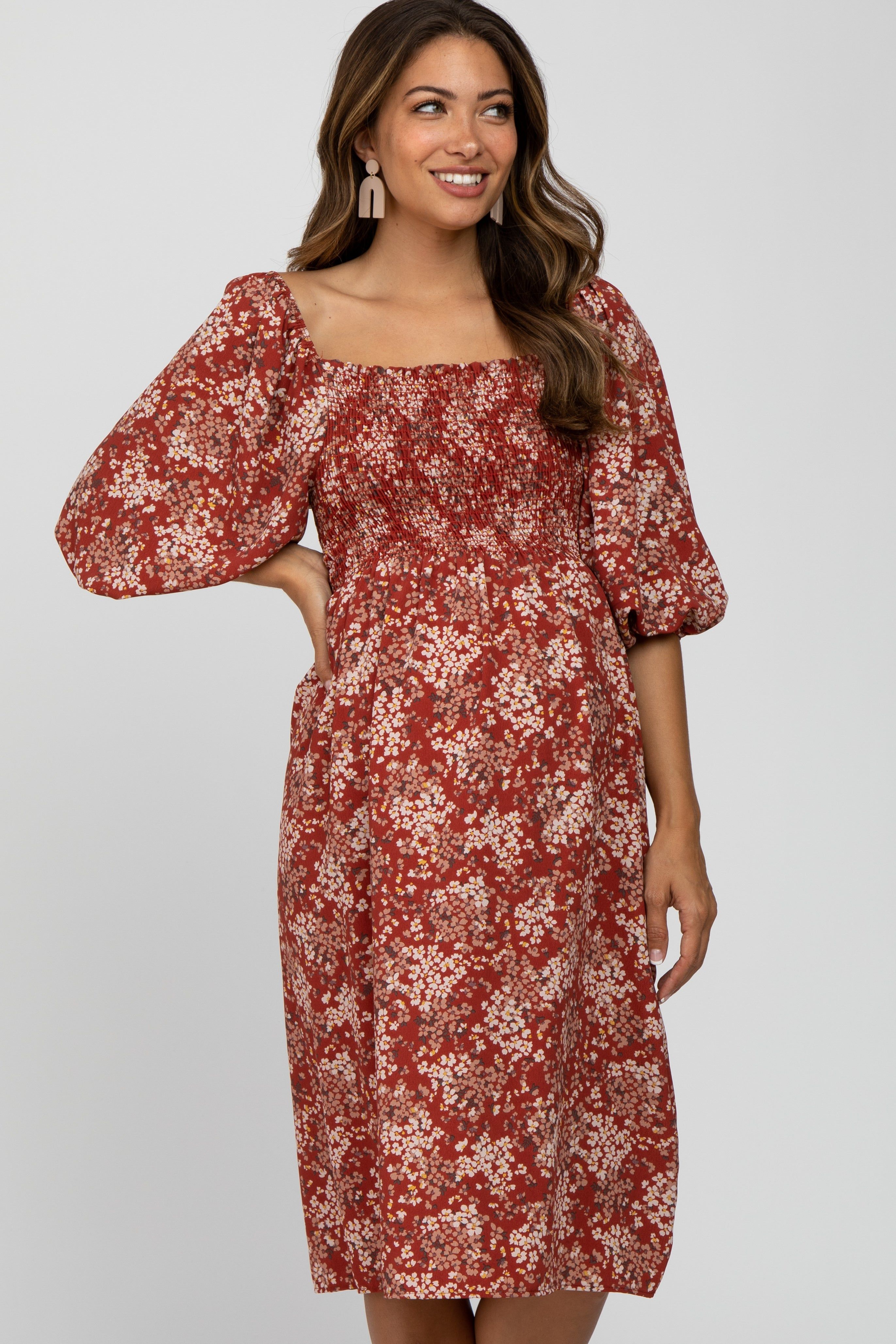 Rust Floral Square Neck Smocked Maternity Midi Dress sold by Pinkblush product image thumbnail 2