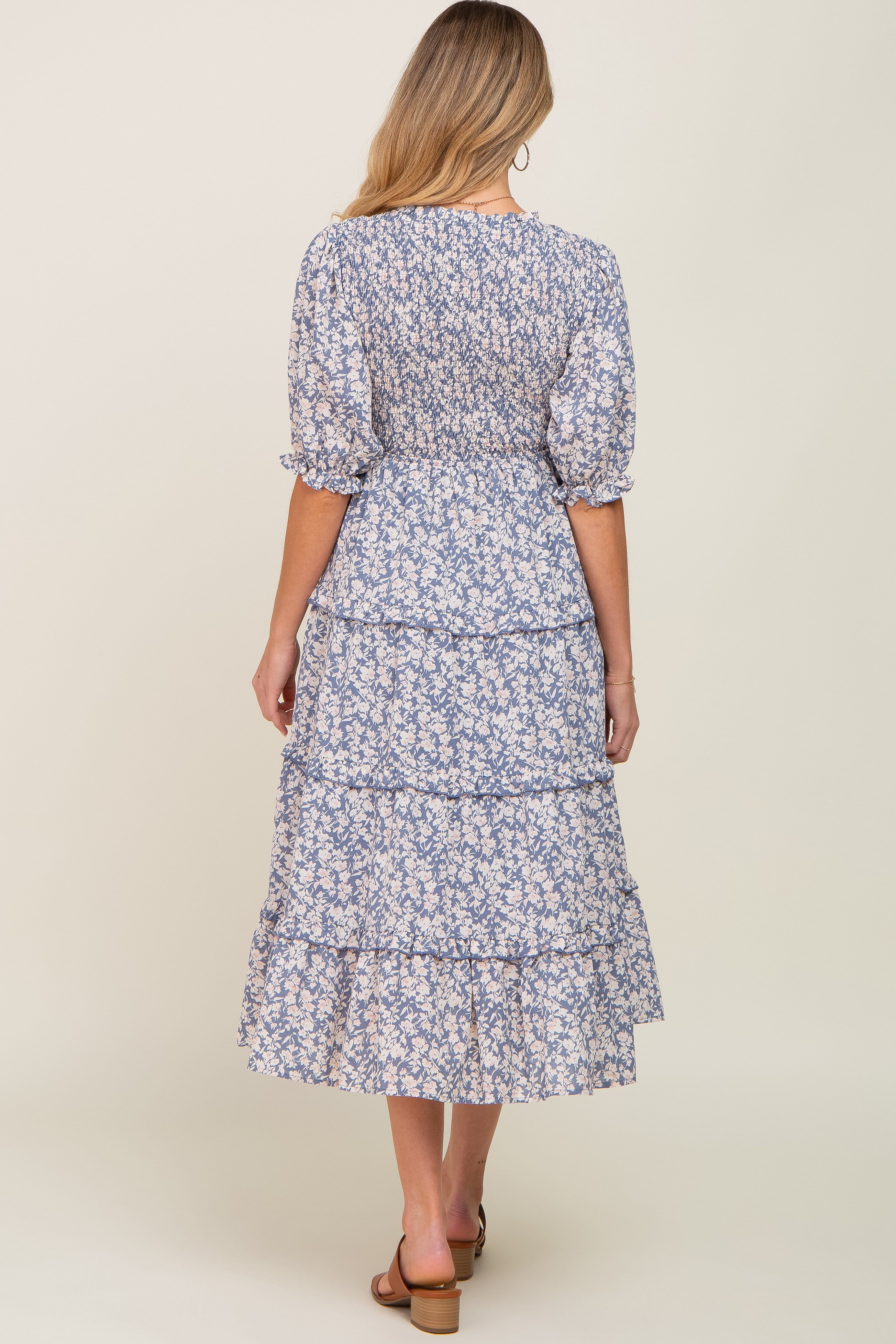 Blue Floral Smocked Tiered Maternity Midi Dress sold by Pinkblush product image thumbnail 4