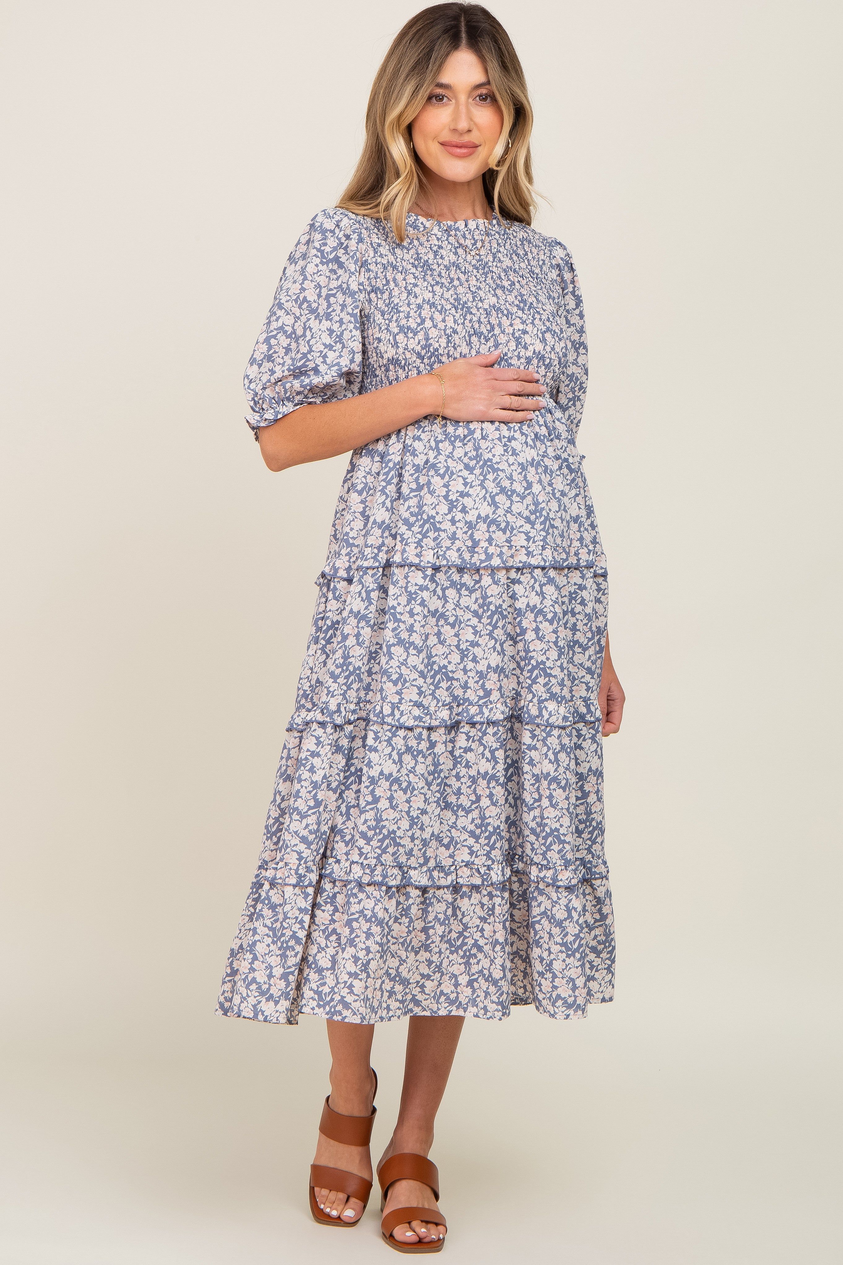Blue Floral Smocked Tiered Maternity Midi Dress sold by Pinkblush