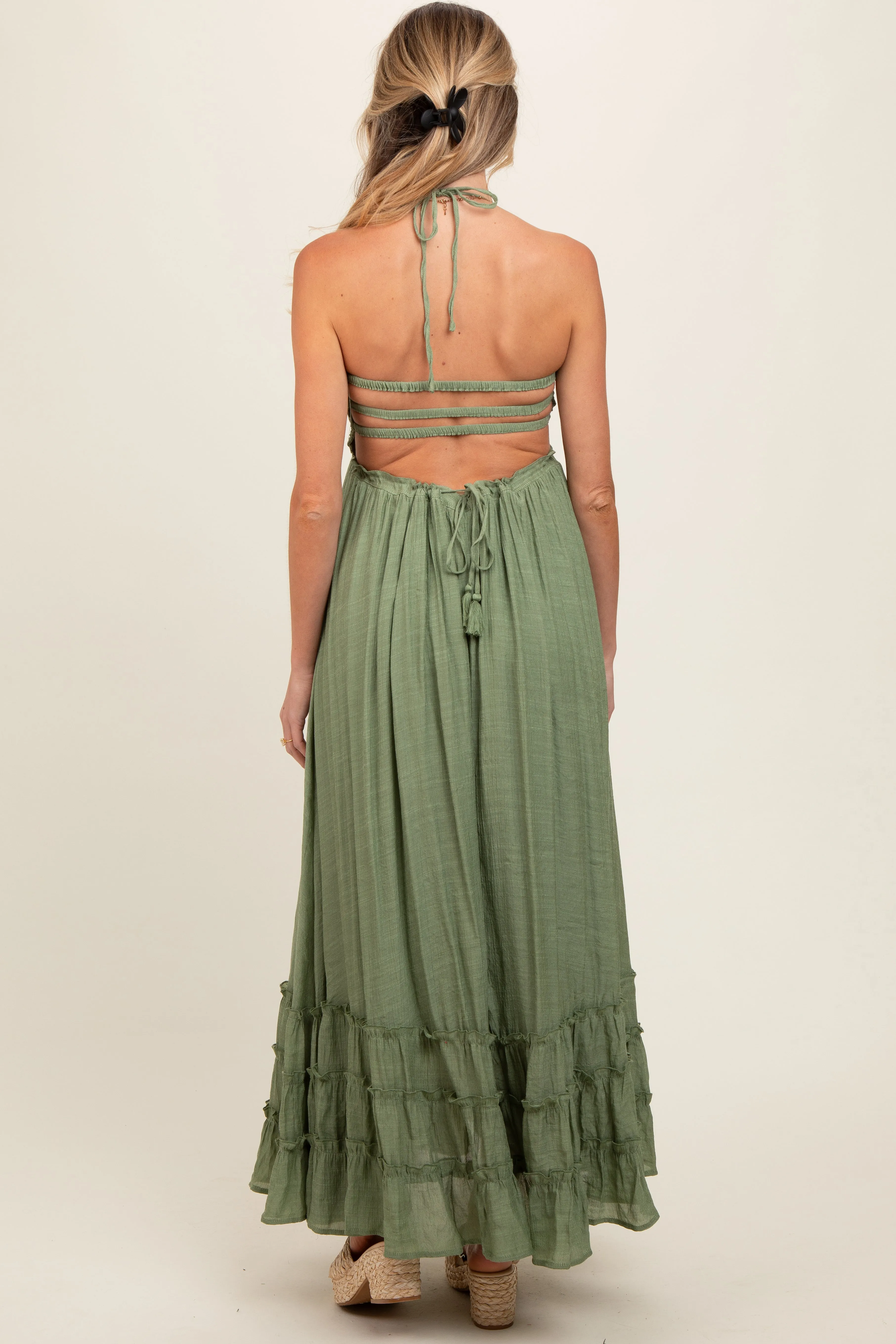 Olive Smocked Halter Cutout Maternity Maxi Dress sold by Pinkblush product image thumbnail 4