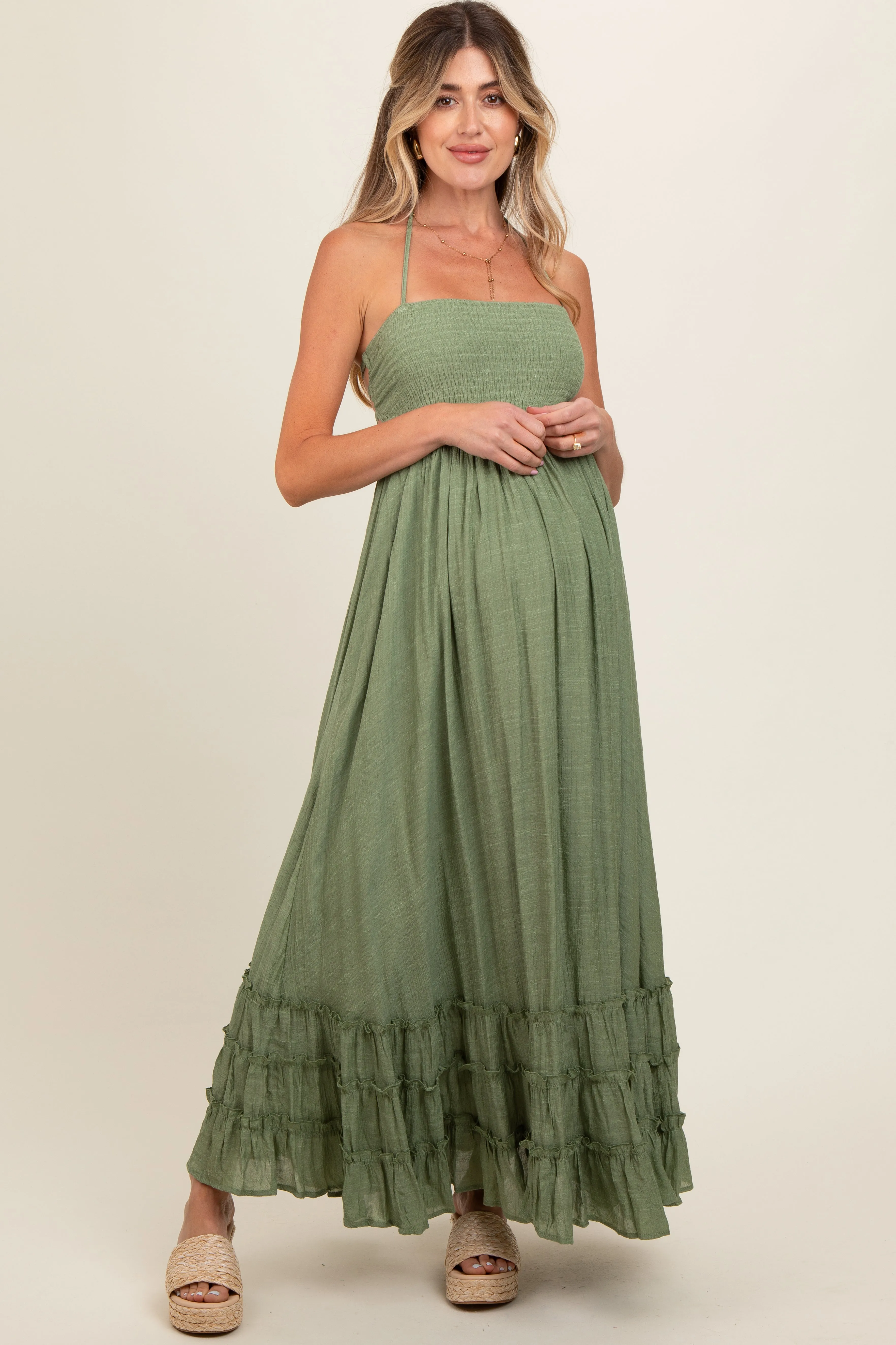 Olive Smocked Halter Cutout Maternity Maxi Dress sold by Pinkblush