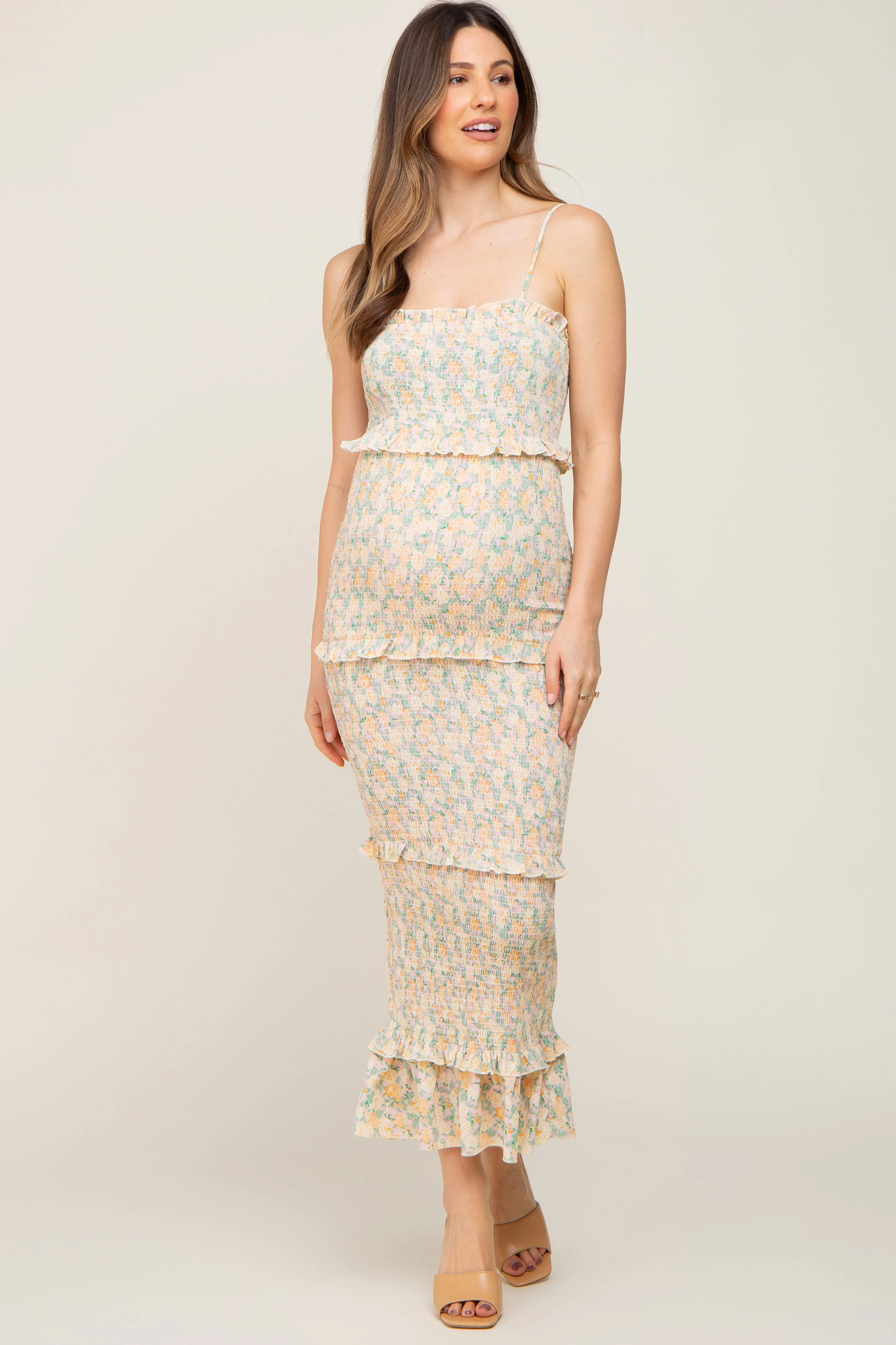 Pink Floral Chiffon Smocked Tiered Square Neck Maternity Midi Dress sold by Pinkblush product image thumbnail 5