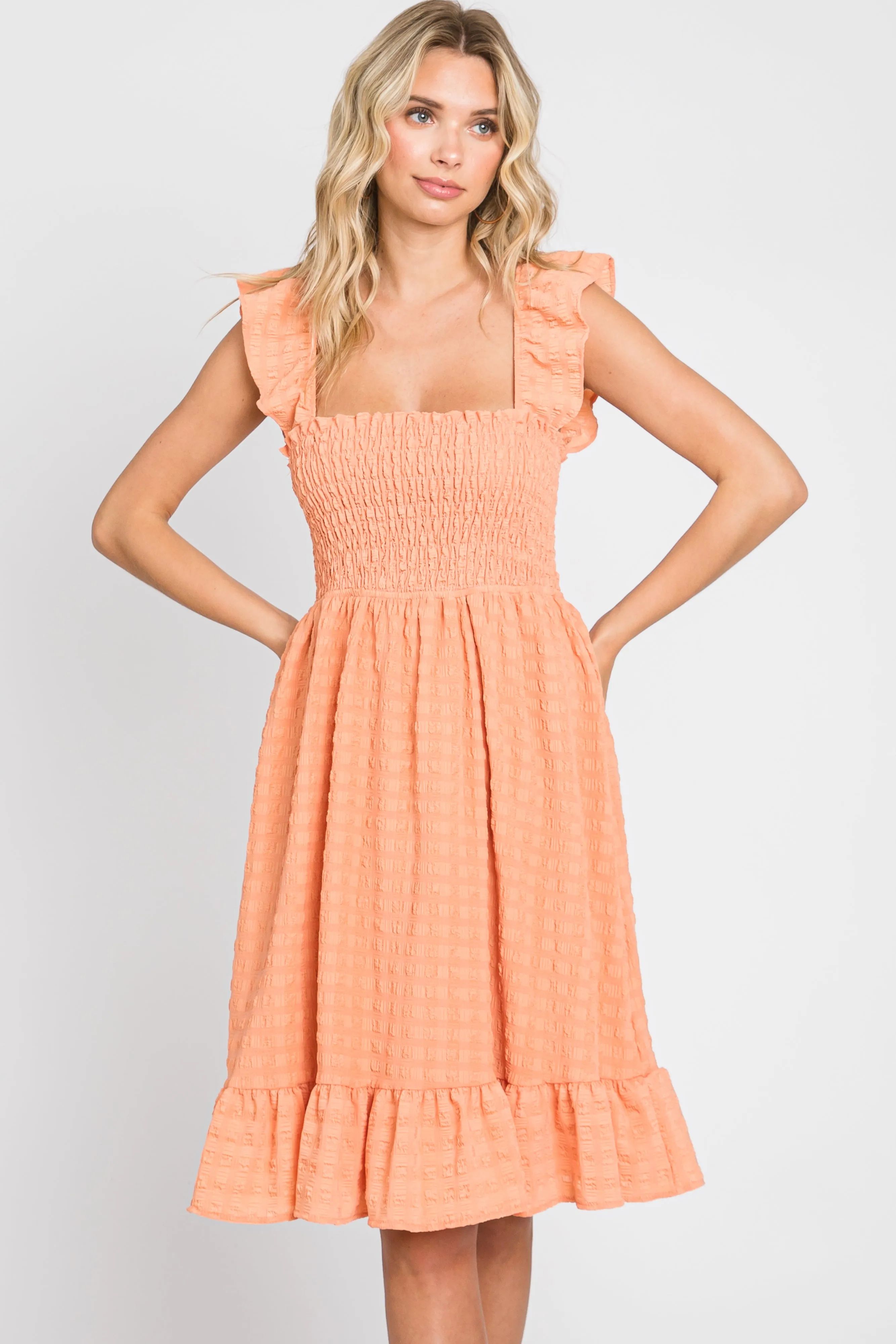 Peach Textured Sleeveless Smocked Maternity Dress sold by Pinkblush product image thumbnail 5