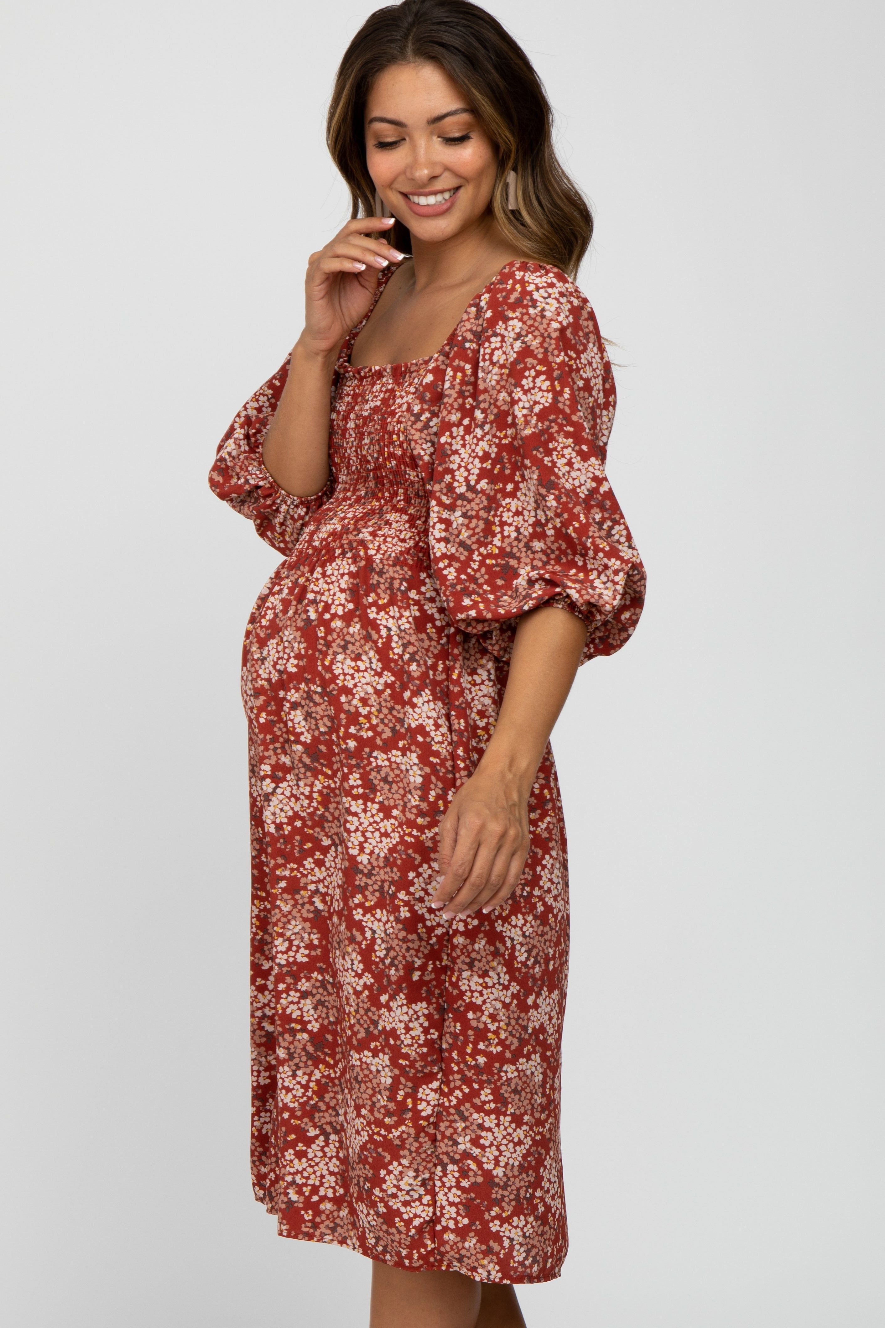 Rust Floral Square Neck Smocked Maternity Midi Dress sold by Pinkblush product image thumbnail 3