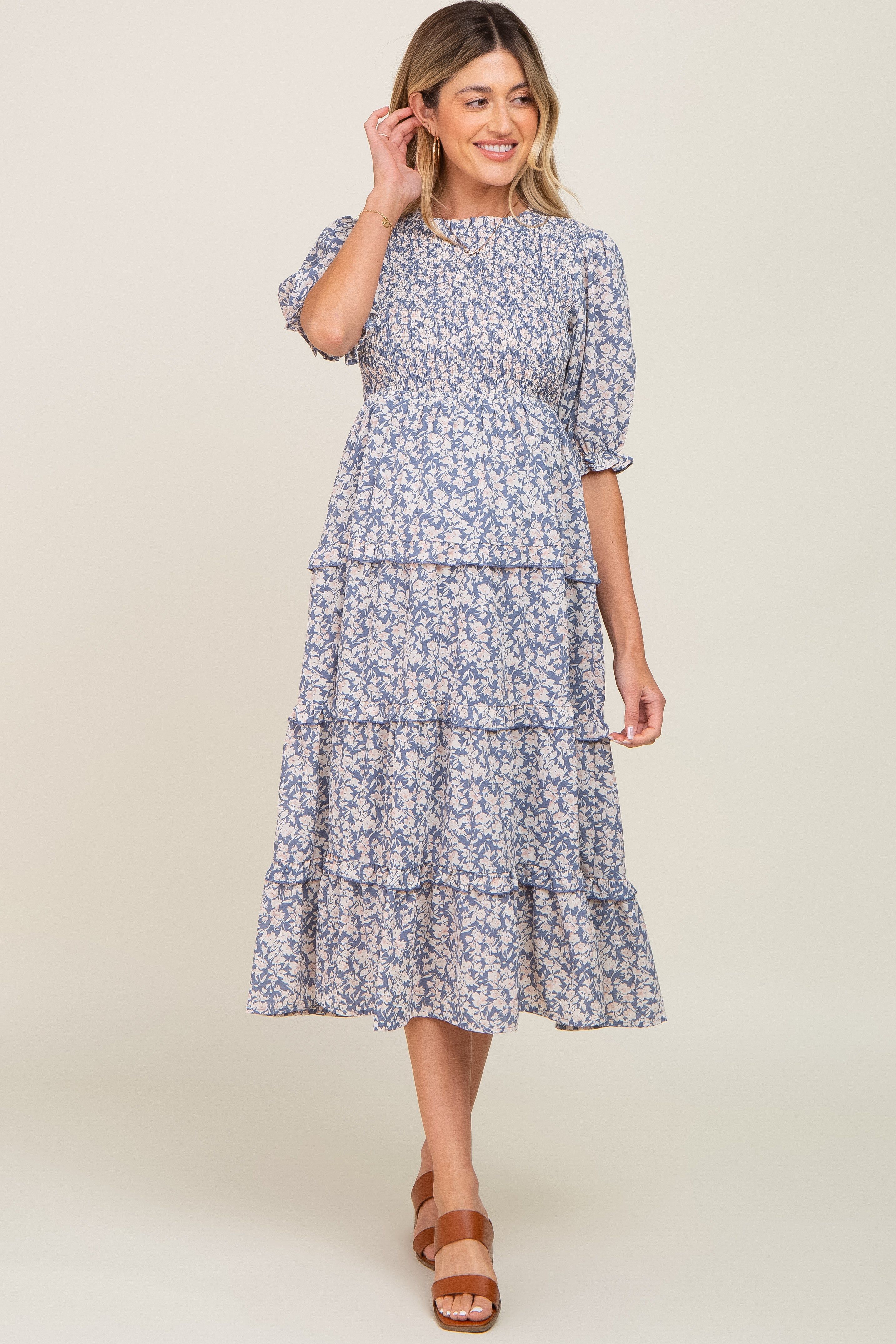 Blue Floral Smocked Tiered Maternity Midi Dress sold by Pinkblush product image thumbnail 5