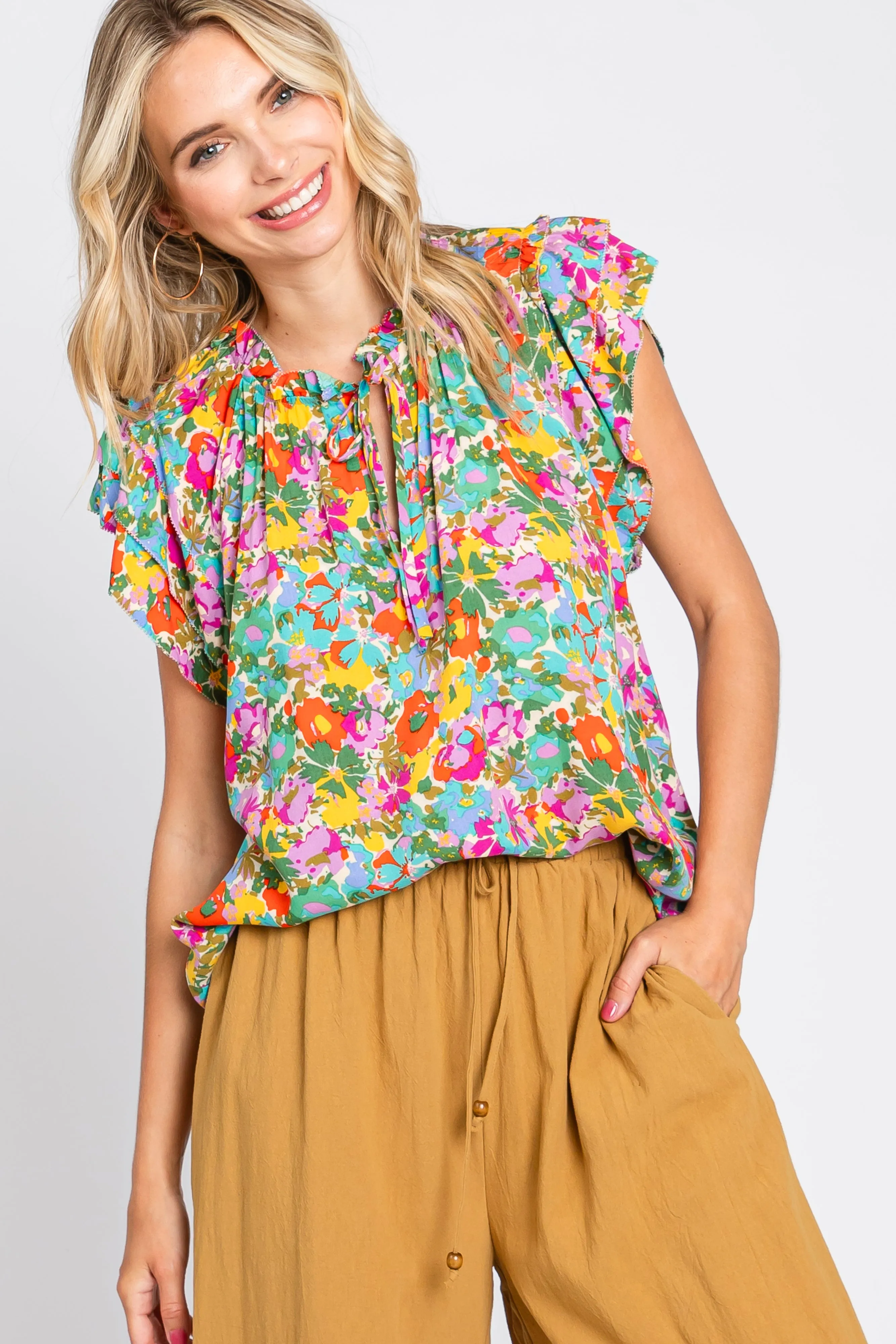 Mint Green Multi-Color Floral Ruffle Front Tie Maternity Top sold by Pinkblush product image thumbnail 4