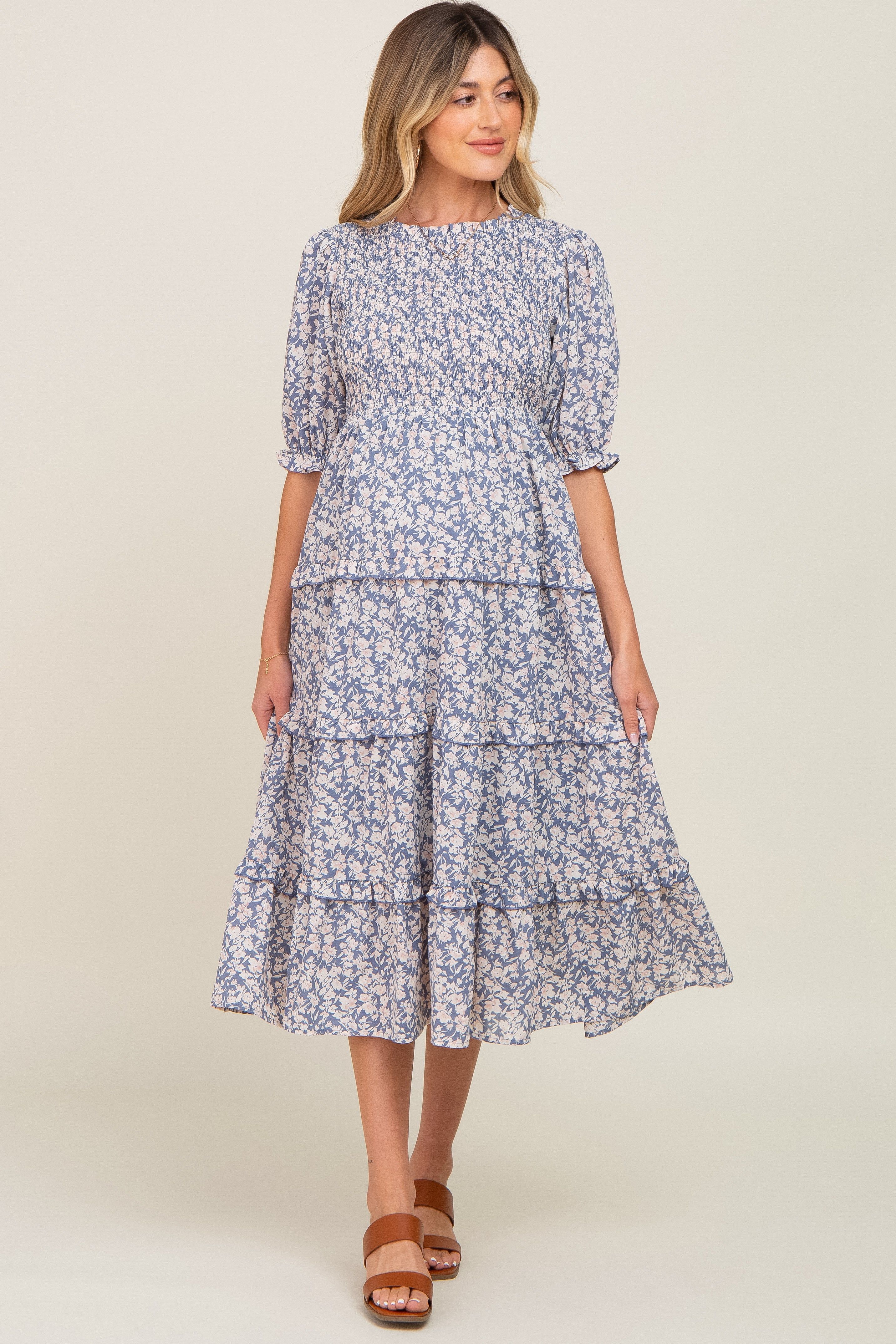 Blue Floral Smocked Tiered Maternity Midi Dress sold by Pinkblush product image thumbnail 2