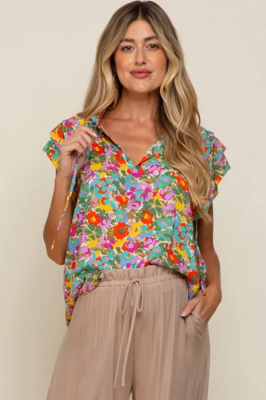 Mint Green Multi-Color Floral Ruffle Front Tie Maternity Top sold by Pinkblush