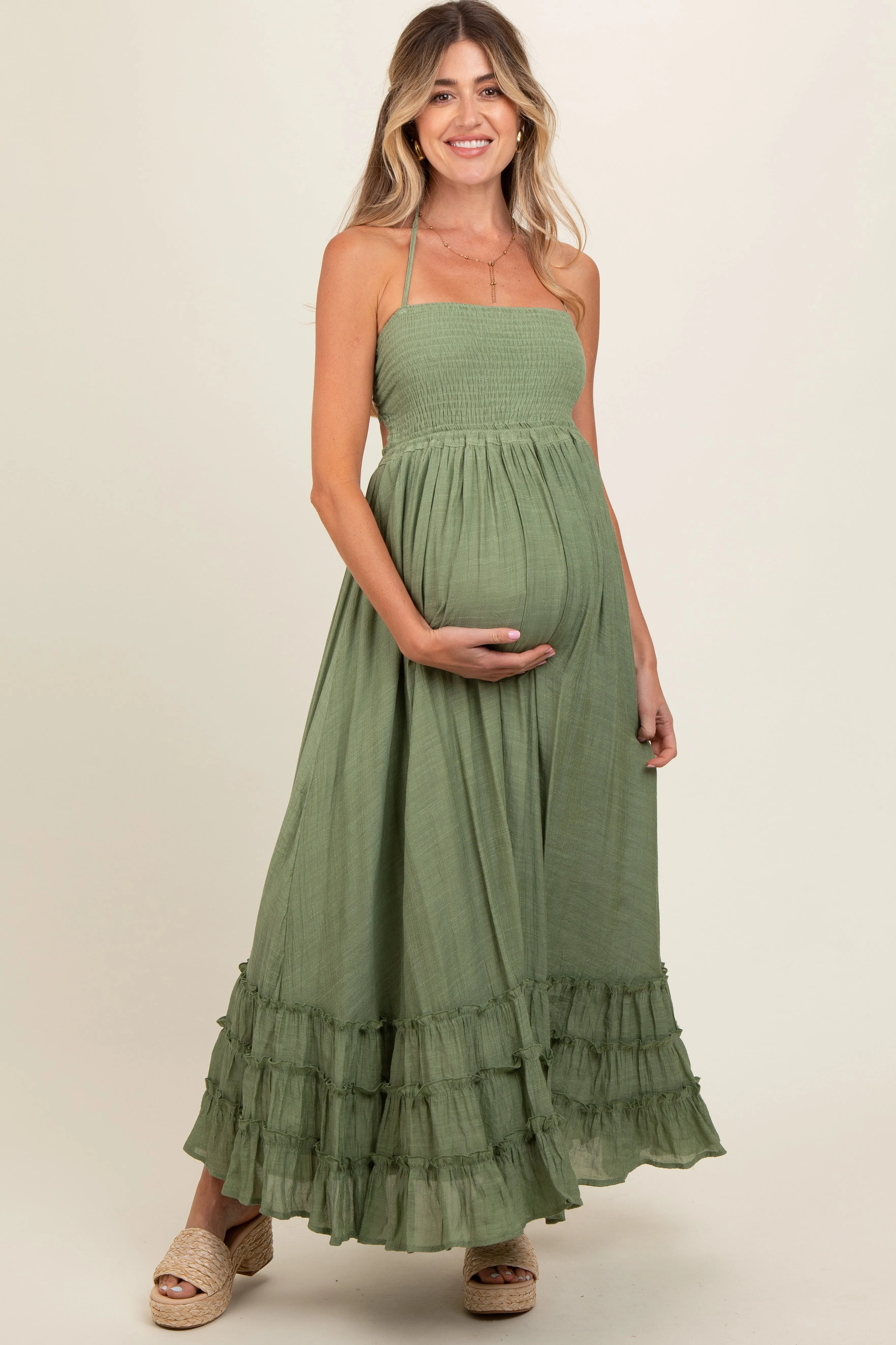 Olive Smocked Halter Cutout Maternity Maxi Dress sold by Pinkblush product image thumbnail 2