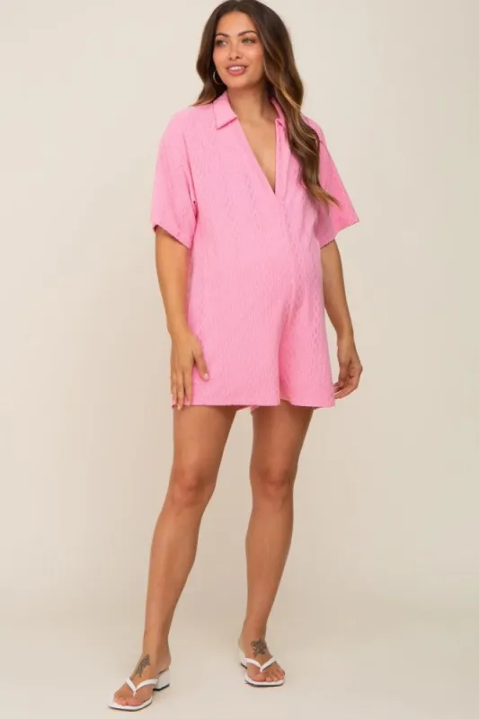 Pink Terry Cloth Collared Maternity Romper sold by Pinkblush