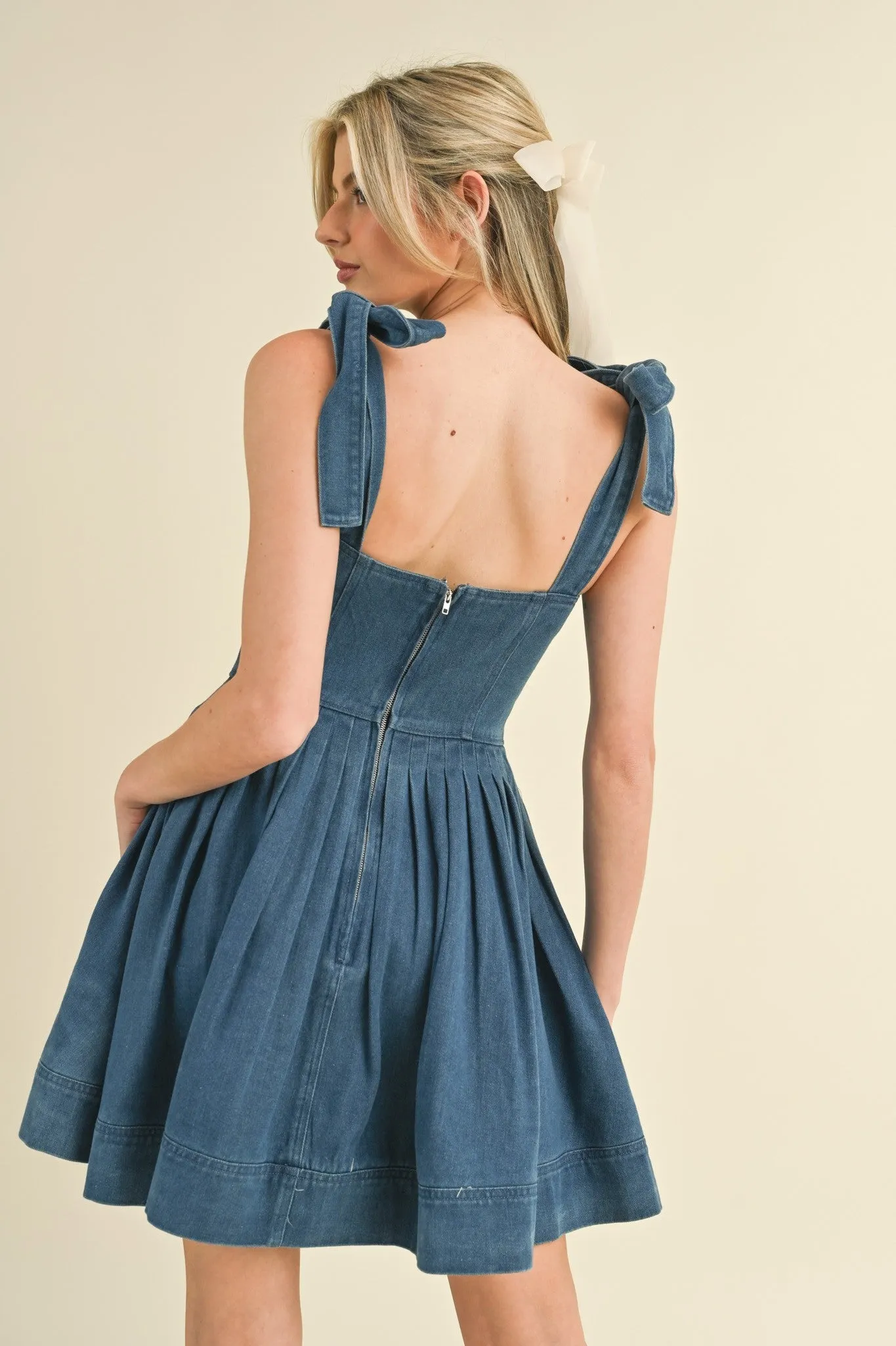 Blue Denim Pintuck Flared Mini Dress sold by Pinkblush product image thumbnail 4