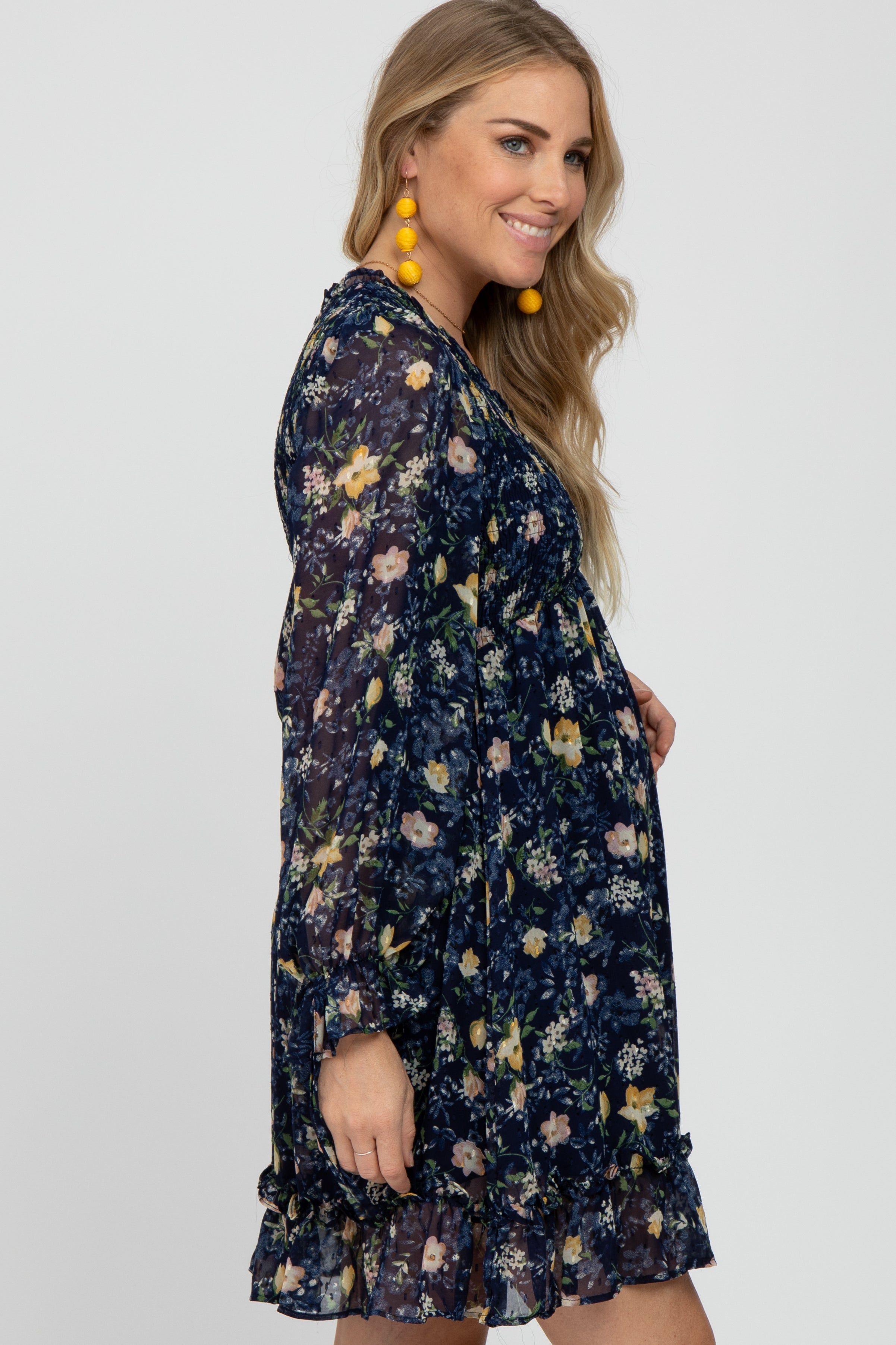 Navy Floral Chiffon Ruffle Accent Maternity Dress sold by Pinkblush product image thumbnail 3