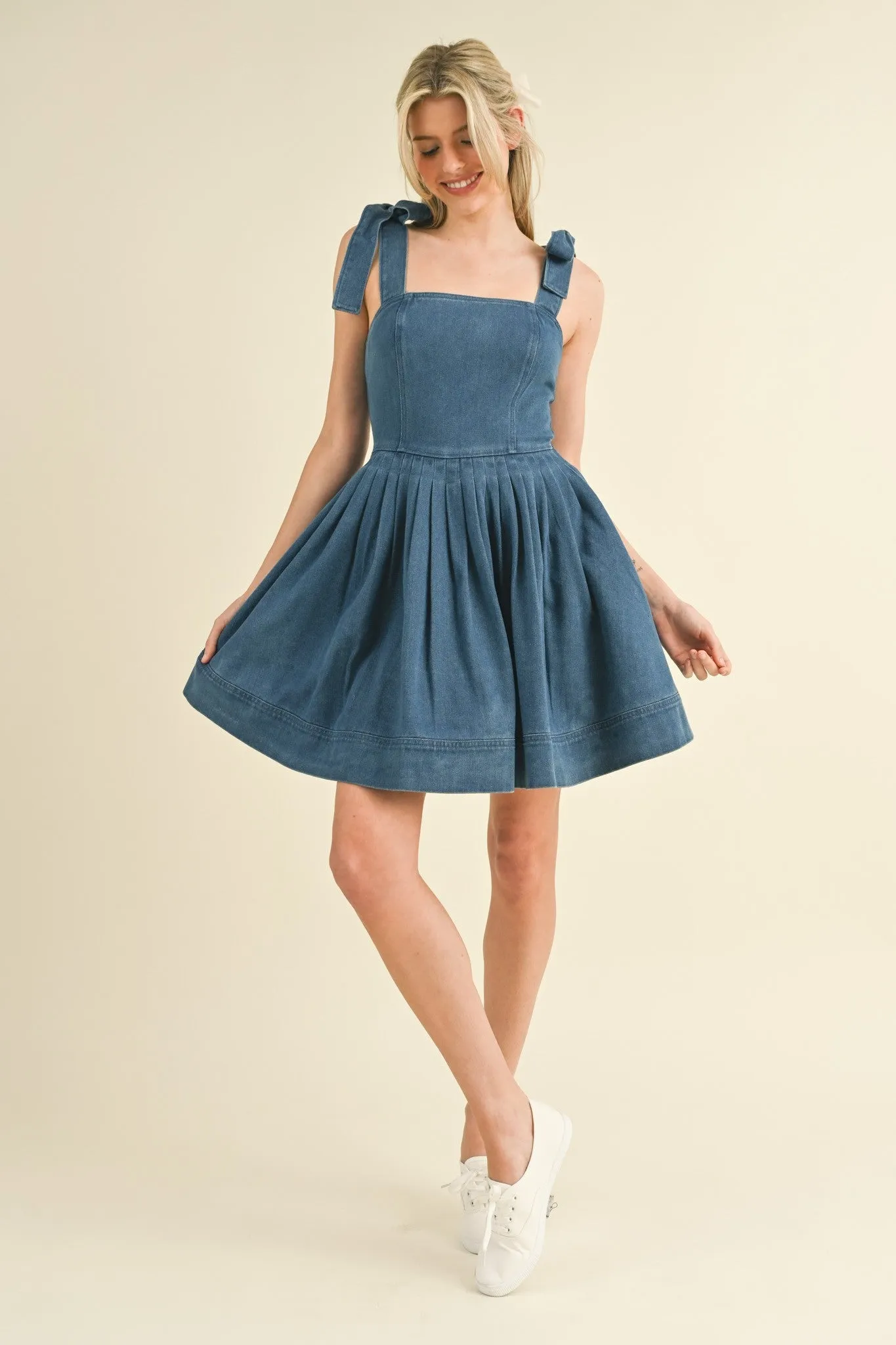Blue Denim Pintuck Flared Mini Dress sold by Pinkblush product image thumbnail 5