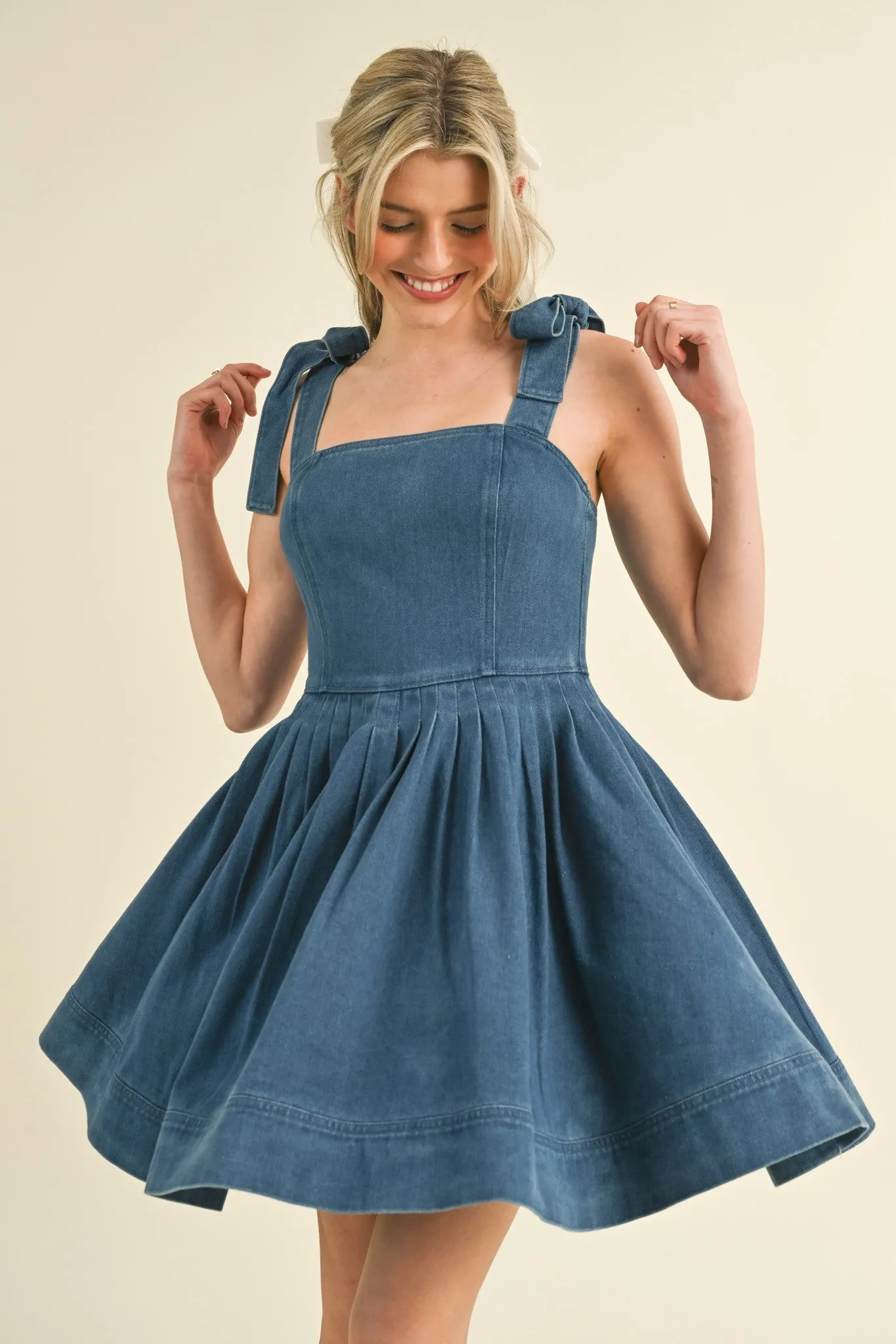 Blue Denim Pintuck Flared Mini Dress sold by Pinkblush product image thumbnail 2