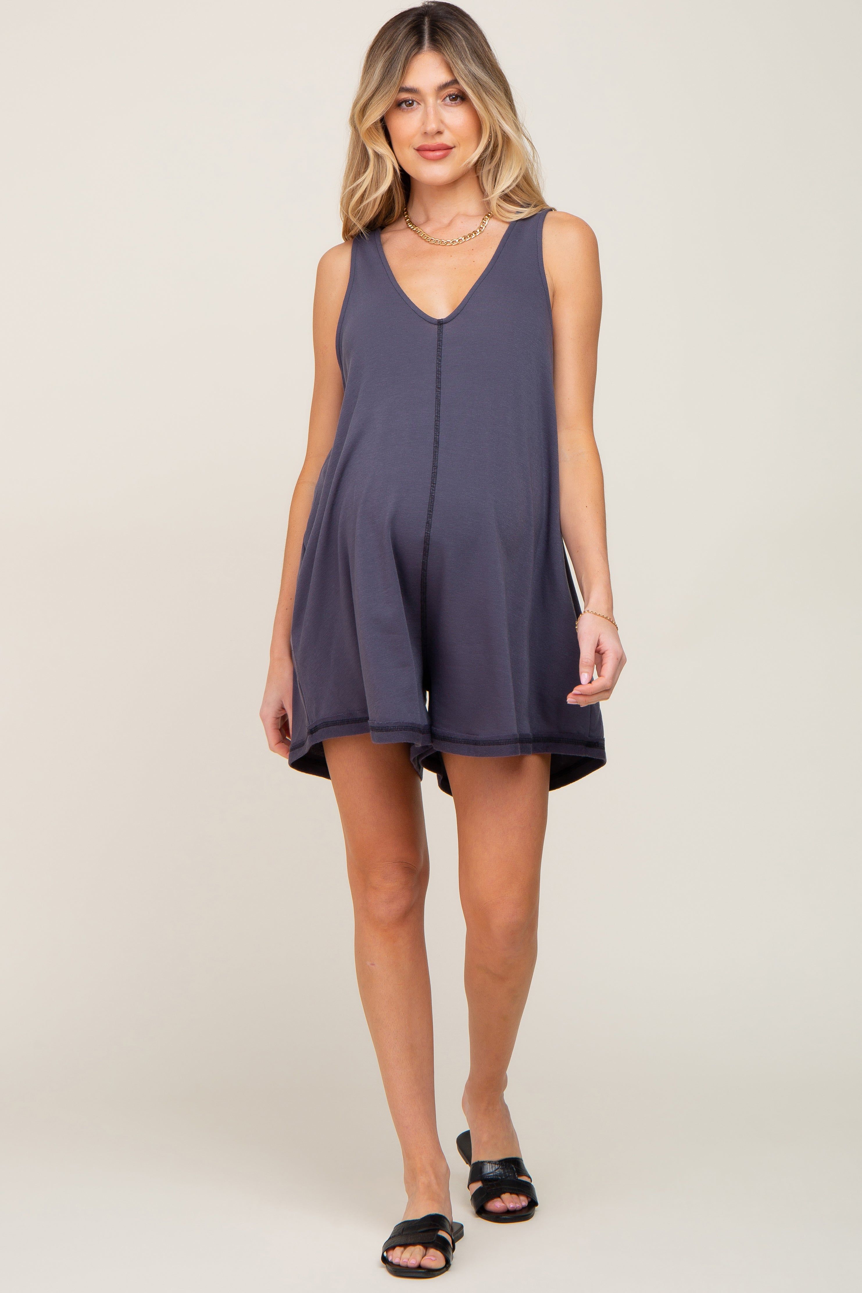 Charcoal Rounded V-Neck Sleeveless Maternity Romper sold by Pinkblush product image thumbnail 5