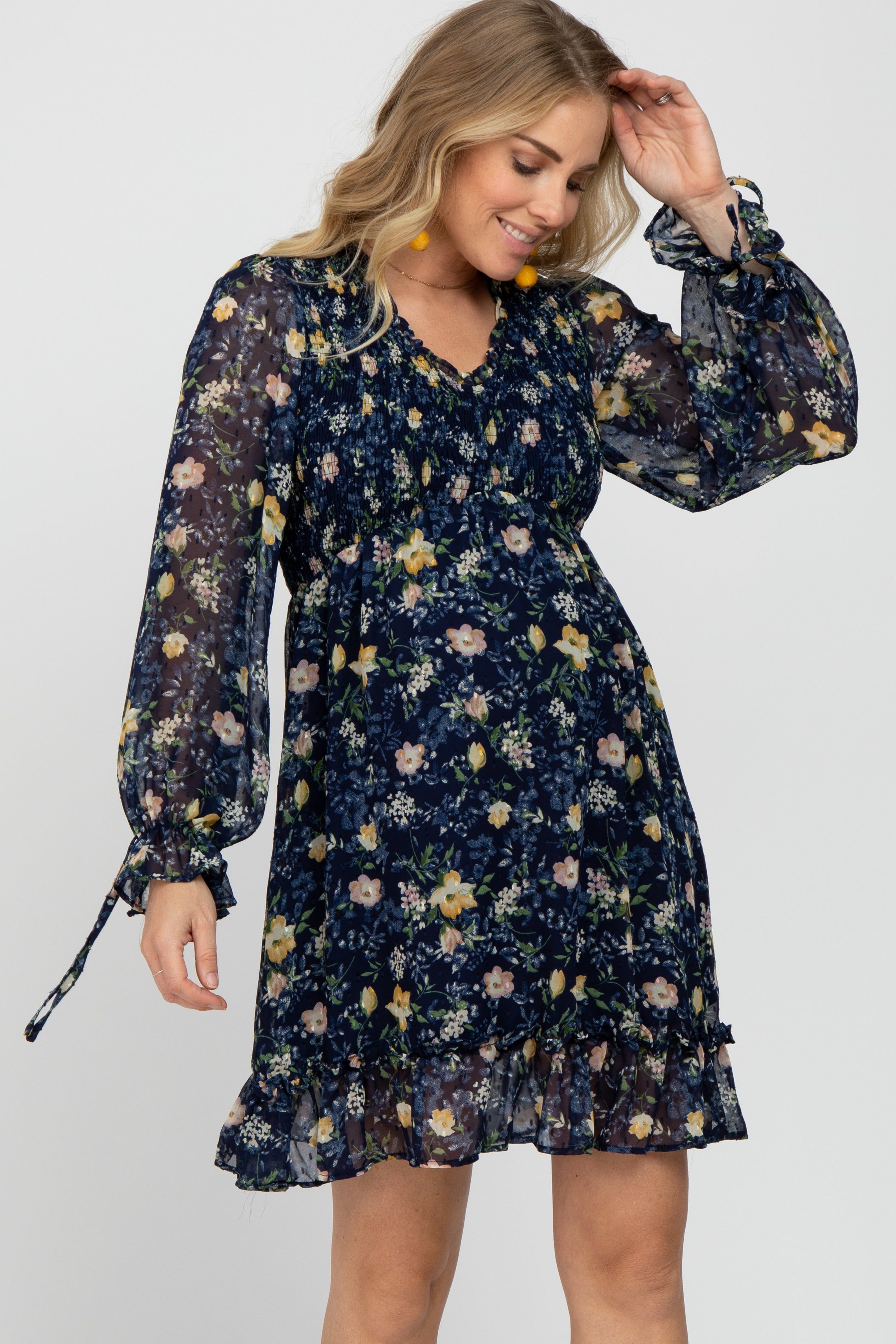 Navy Floral Chiffon Ruffle Accent Maternity Dress sold by Pinkblush