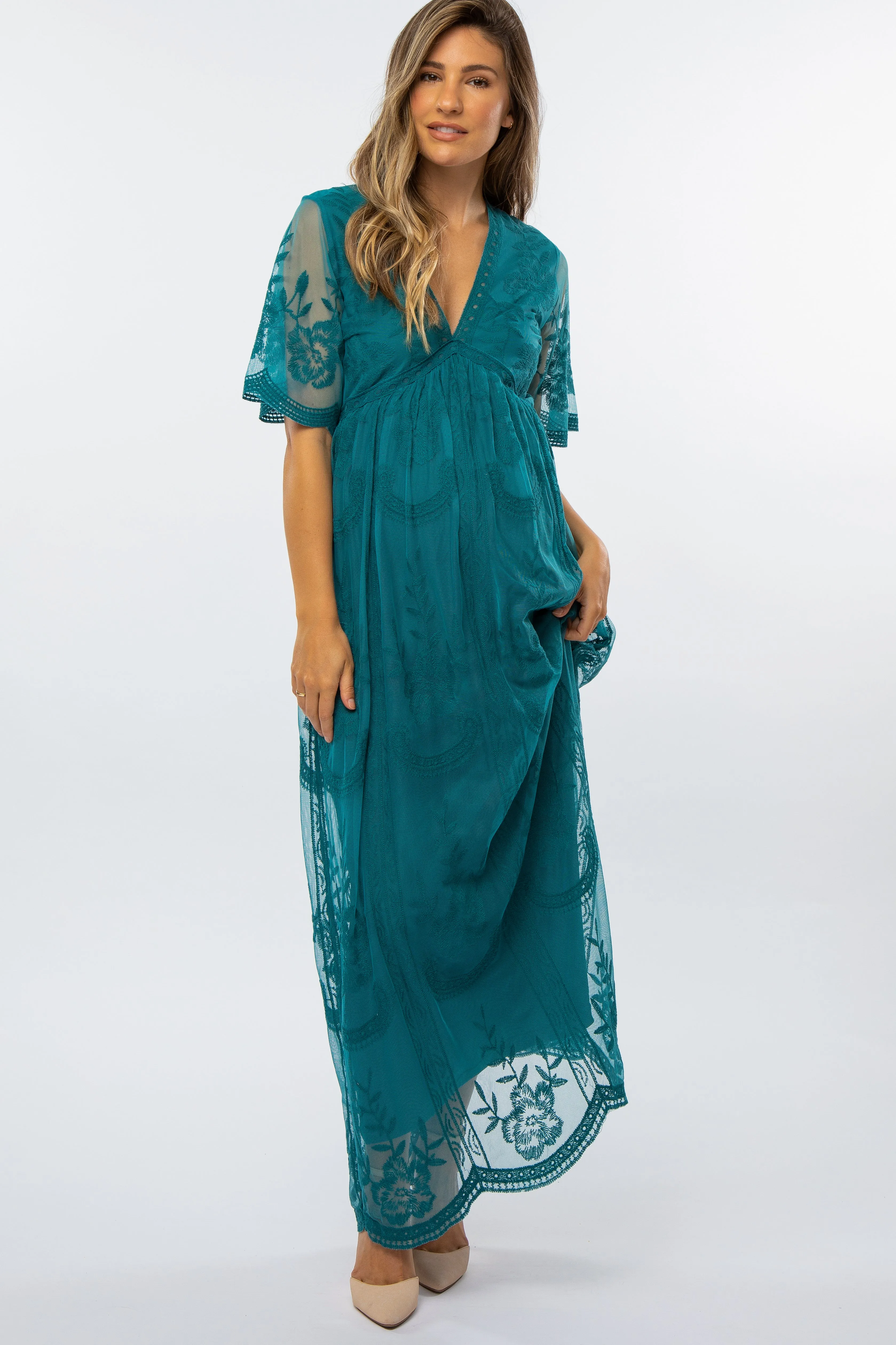 Teal Lace Mesh Overlay Maternity Maxi Dress sold by Pinkblush product image thumbnail 4