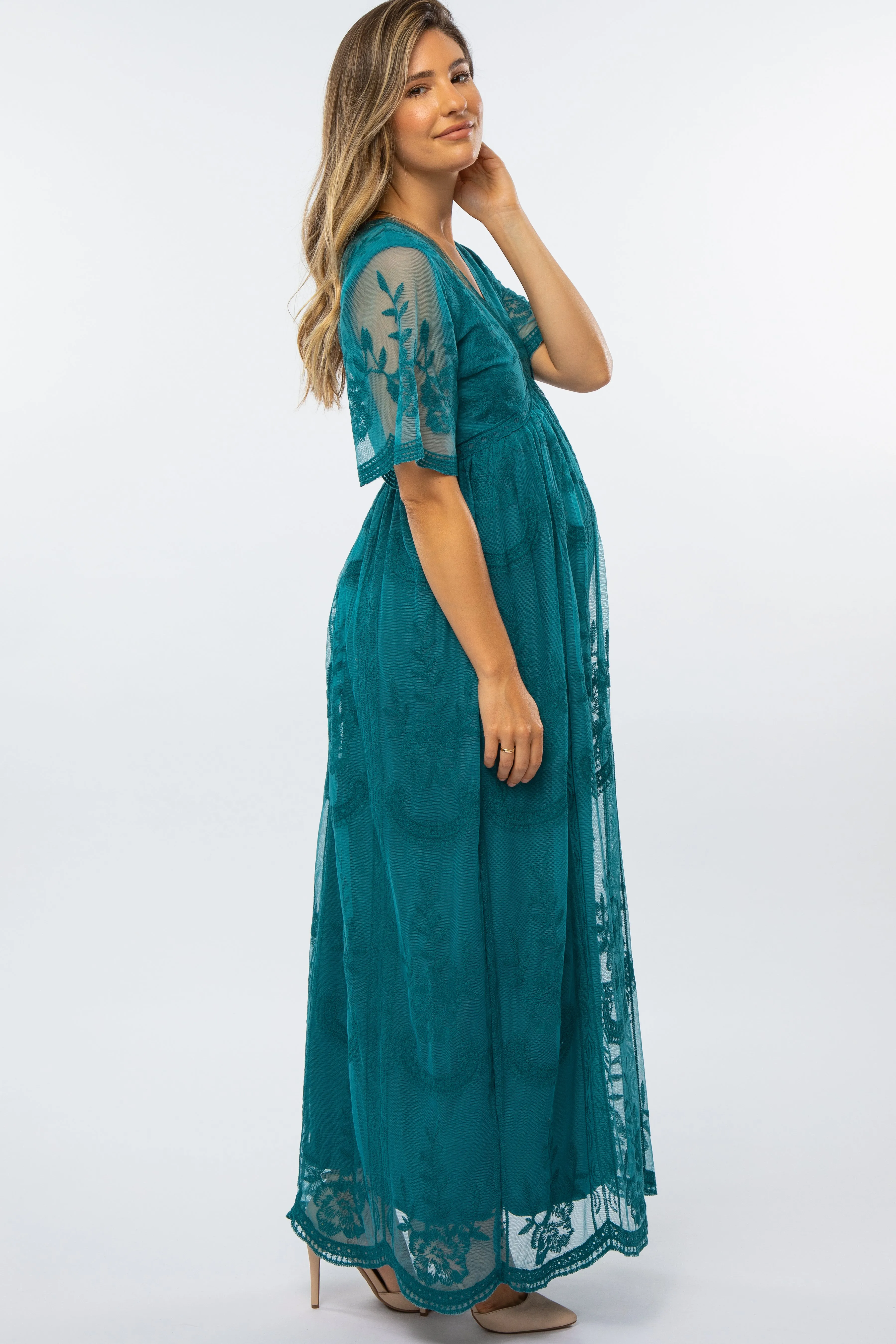Teal Lace Mesh Overlay Maternity Maxi Dress sold by Pinkblush product image thumbnail 2