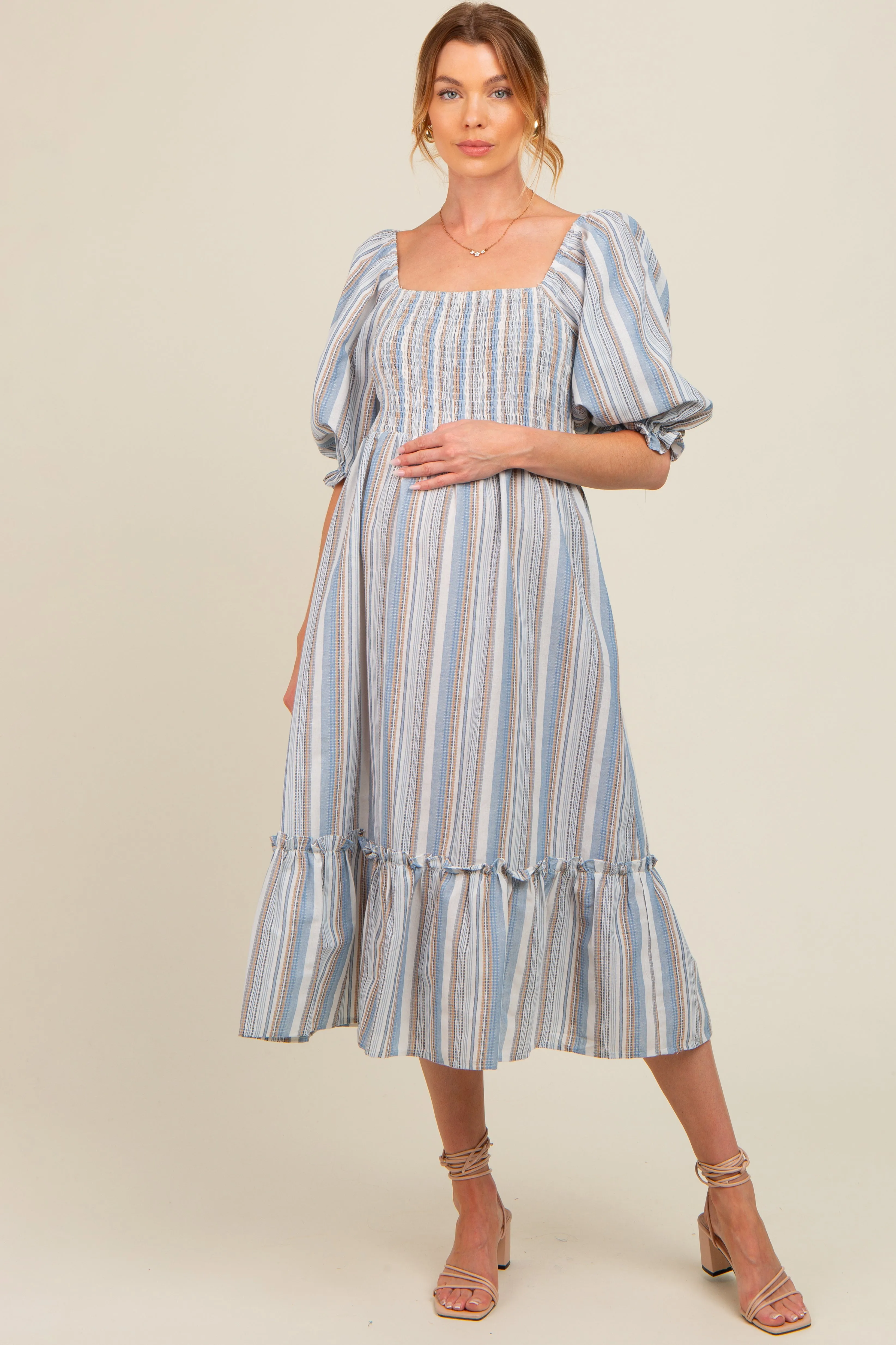 Blue Striped Smocked Puff Sleeve Maternity Midi Dress sold by Pinkblush