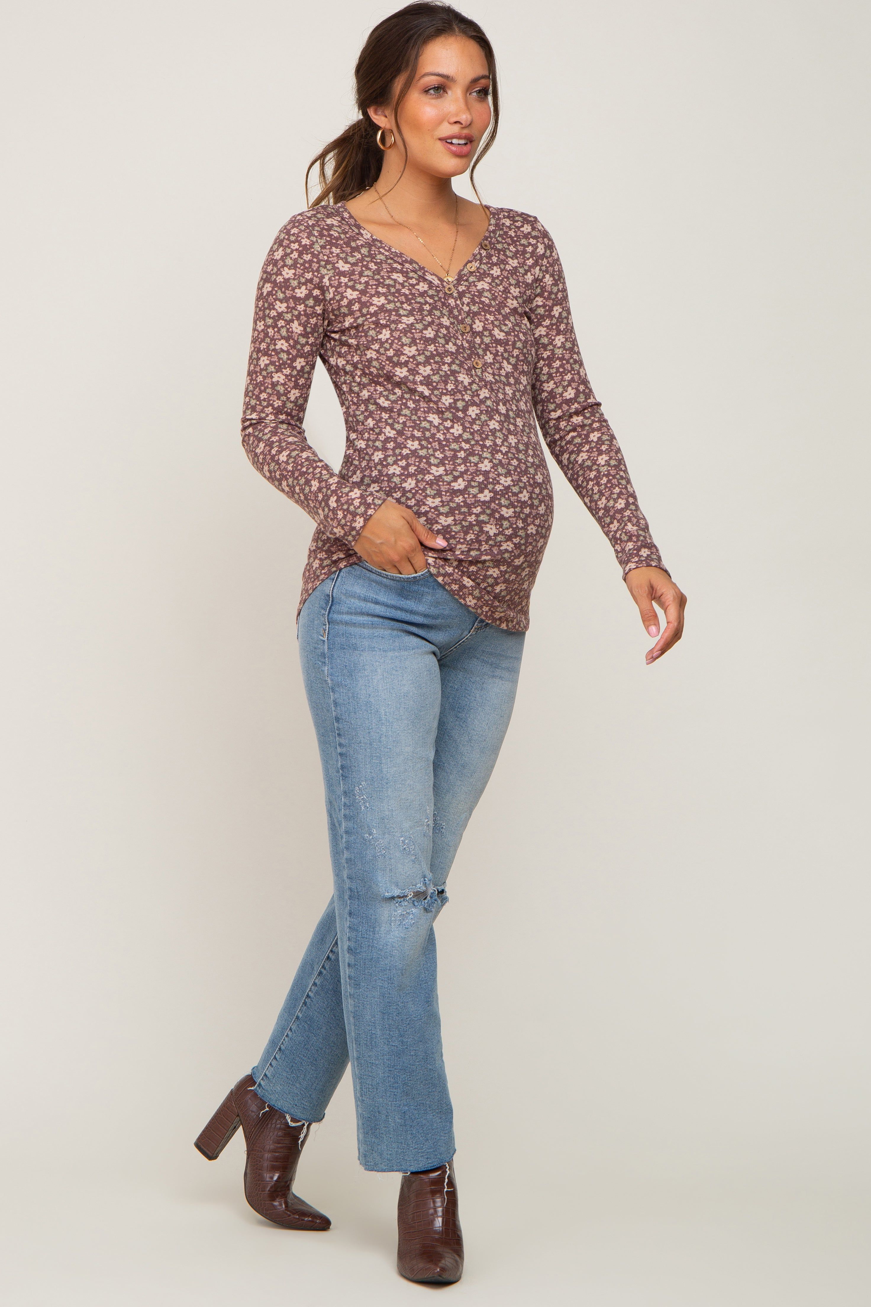 Mauve Floral Maternity Henley Top sold by Pinkblush product image thumbnail 4