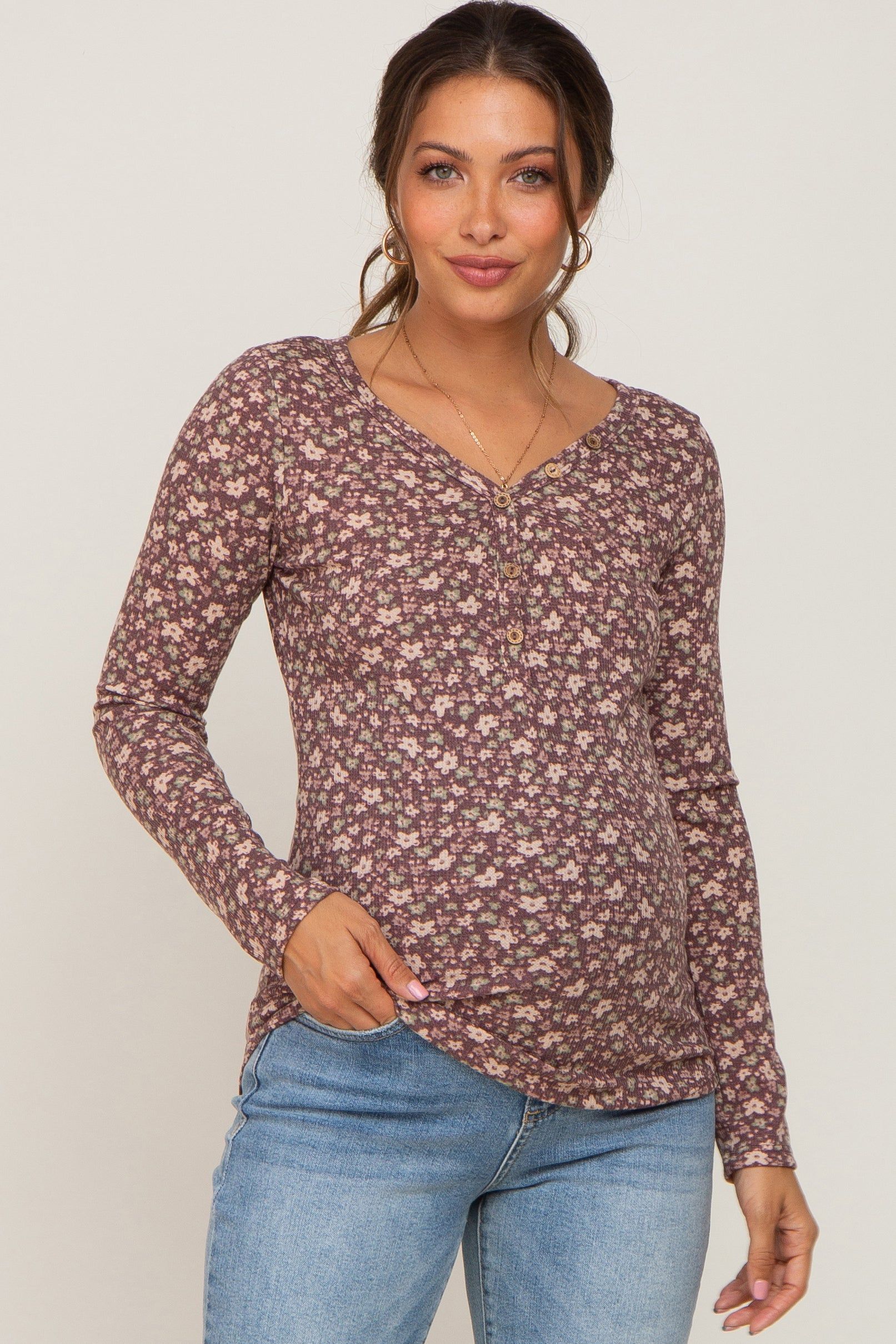 Mauve Floral Maternity Henley Top sold by Pinkblush