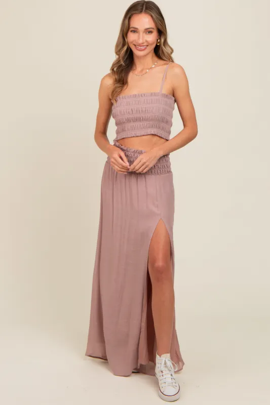 Mauve Smocked Crop Top And Maxi Skirt Set sold by Pinkblush