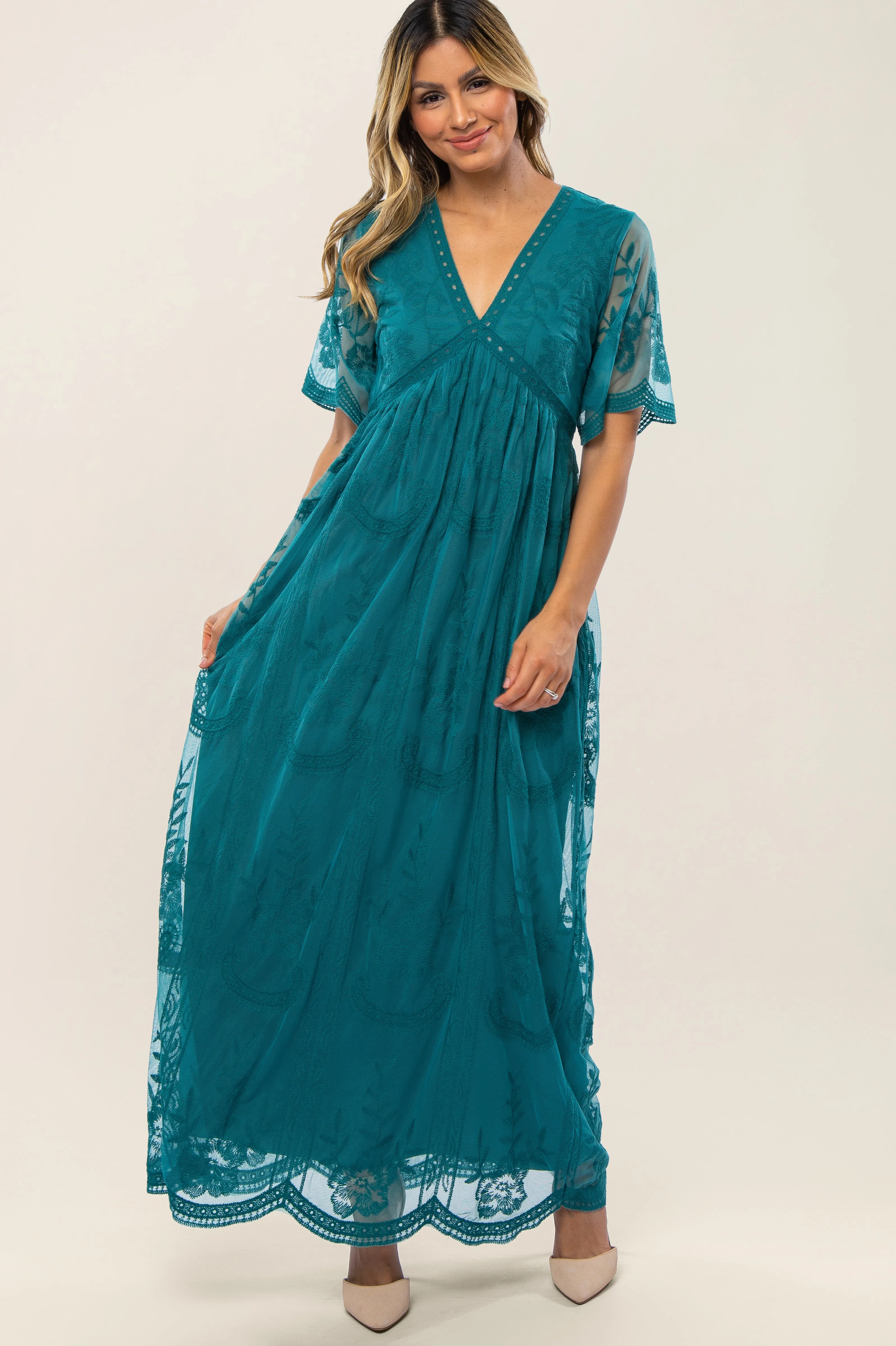 Teal Lace Mesh Overlay Maternity Maxi Dress sold by Pinkblush product image thumbnail 5