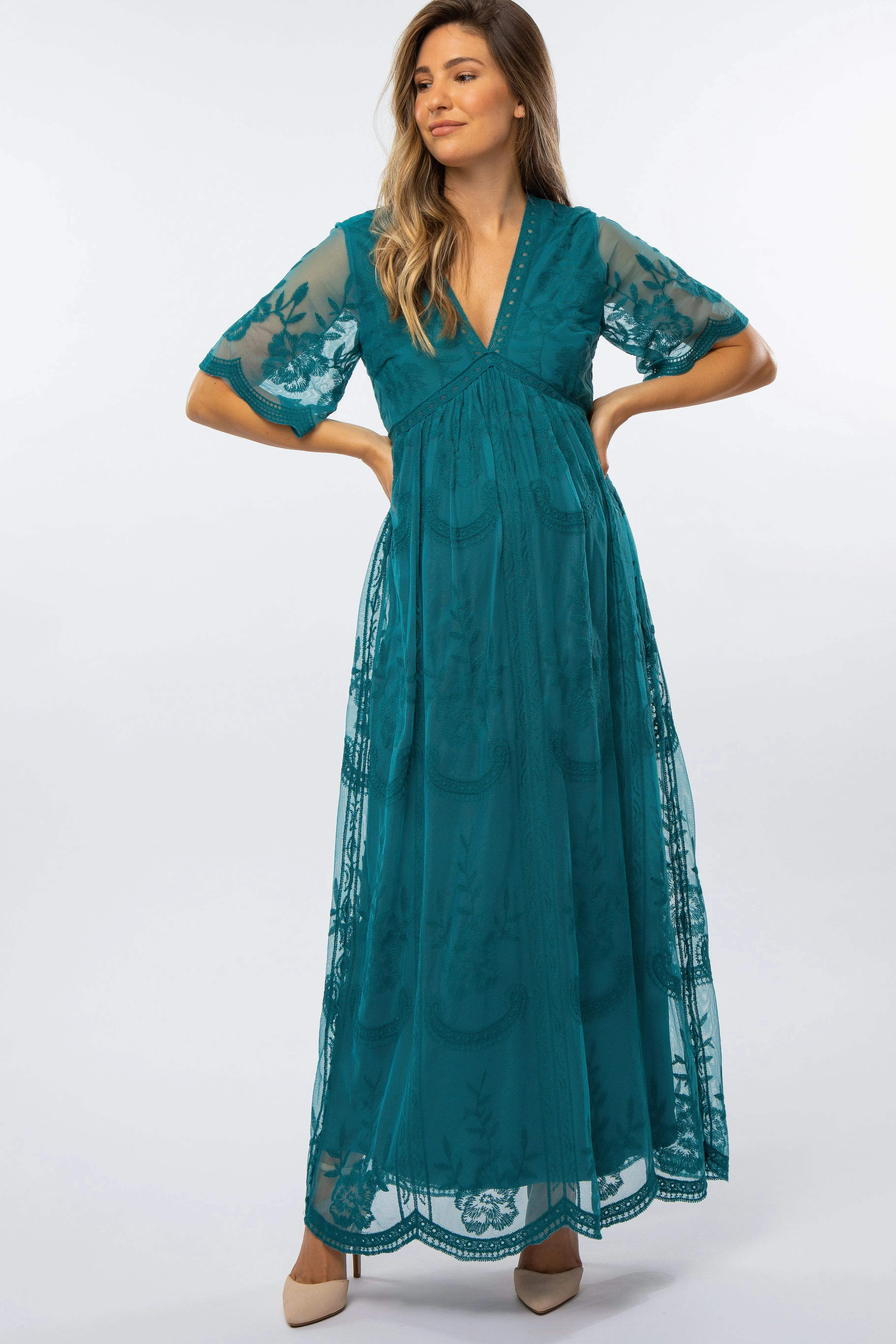 Teal Lace Mesh Overlay Maternity Maxi Dress sold by Pinkblush